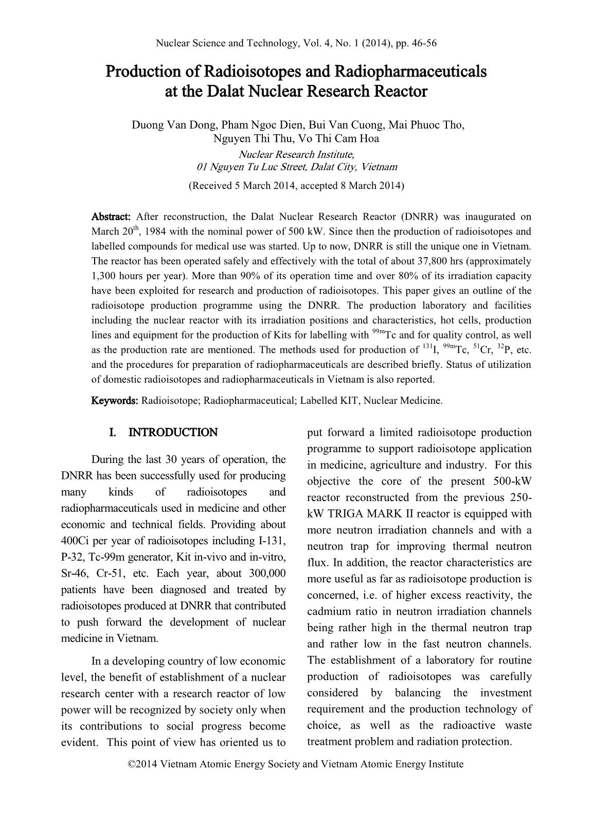 Production of radioisotopes and radiopharmaceuticals at the Dalat nuclear research reactor trang 1