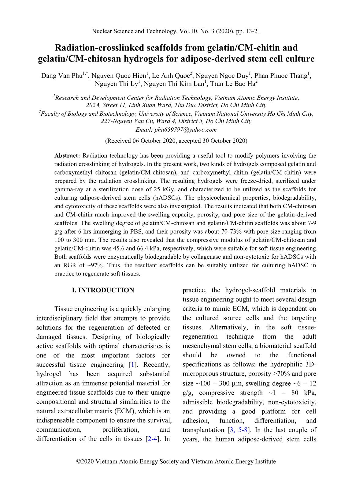 Radiation-crosslinked scaffolds from gelatin/CM-chitin and gelatin/CM-chitosan hydrogels for adipose-derived stem cell culture trang 1