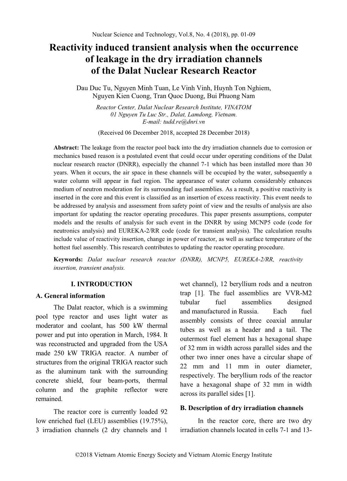 Reactivity induced transient analysis when the occurrence of leakage in the dry irradiation channels of the Dalat Nuclear Research Reactor trang 1