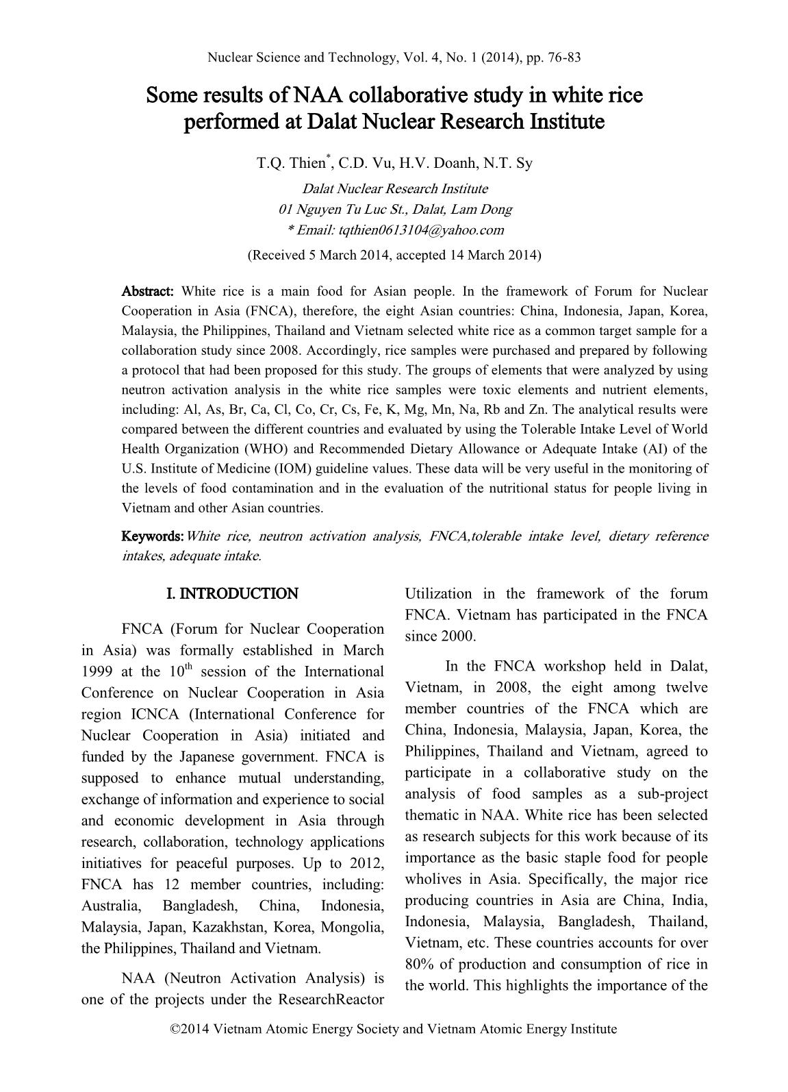 Some results of NAA collaborative study in white rice performed at Dalat nuclear research institute trang 1