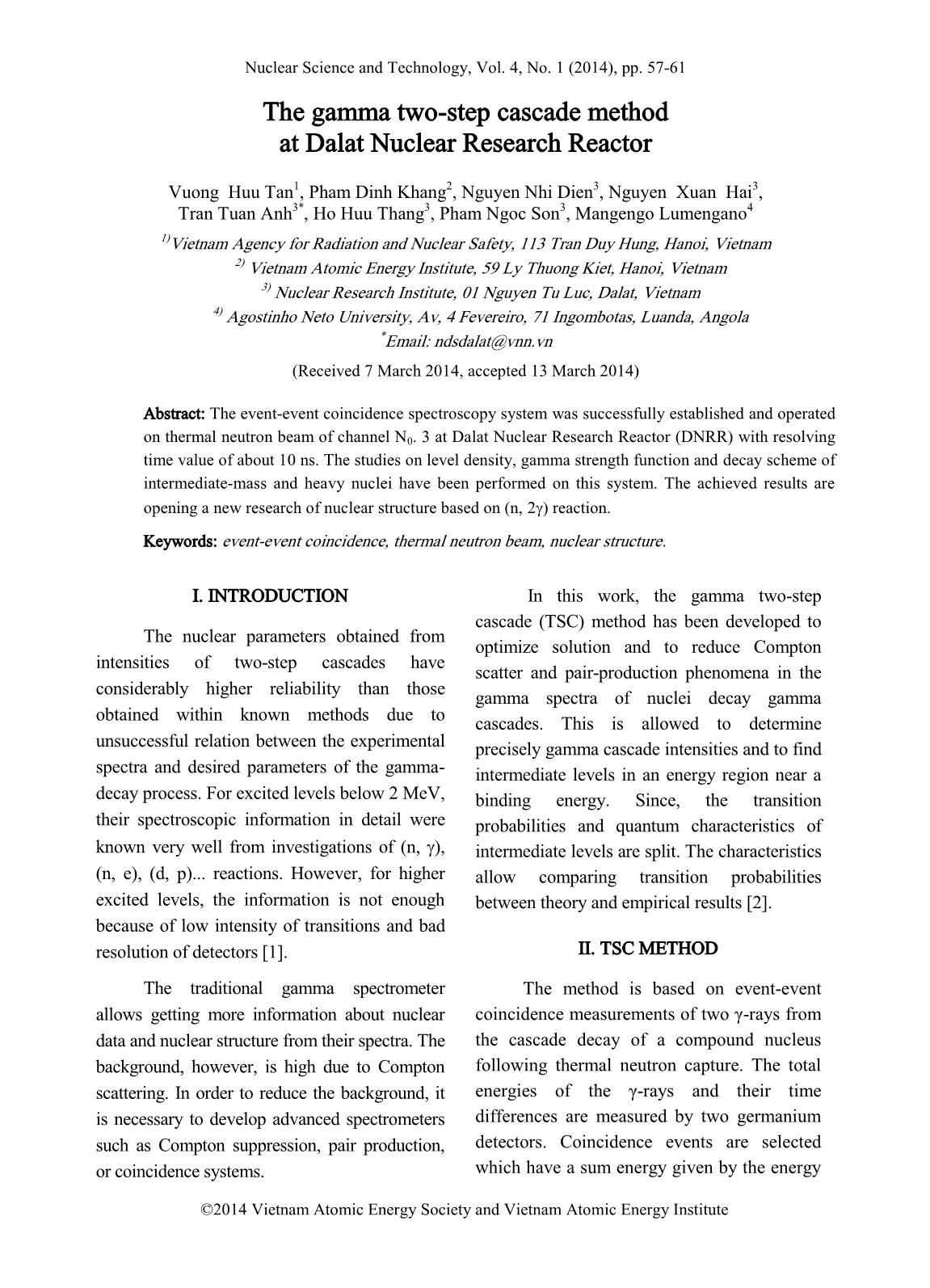 The gamma two-step cascade method at dalat nuclear research reactor trang 1