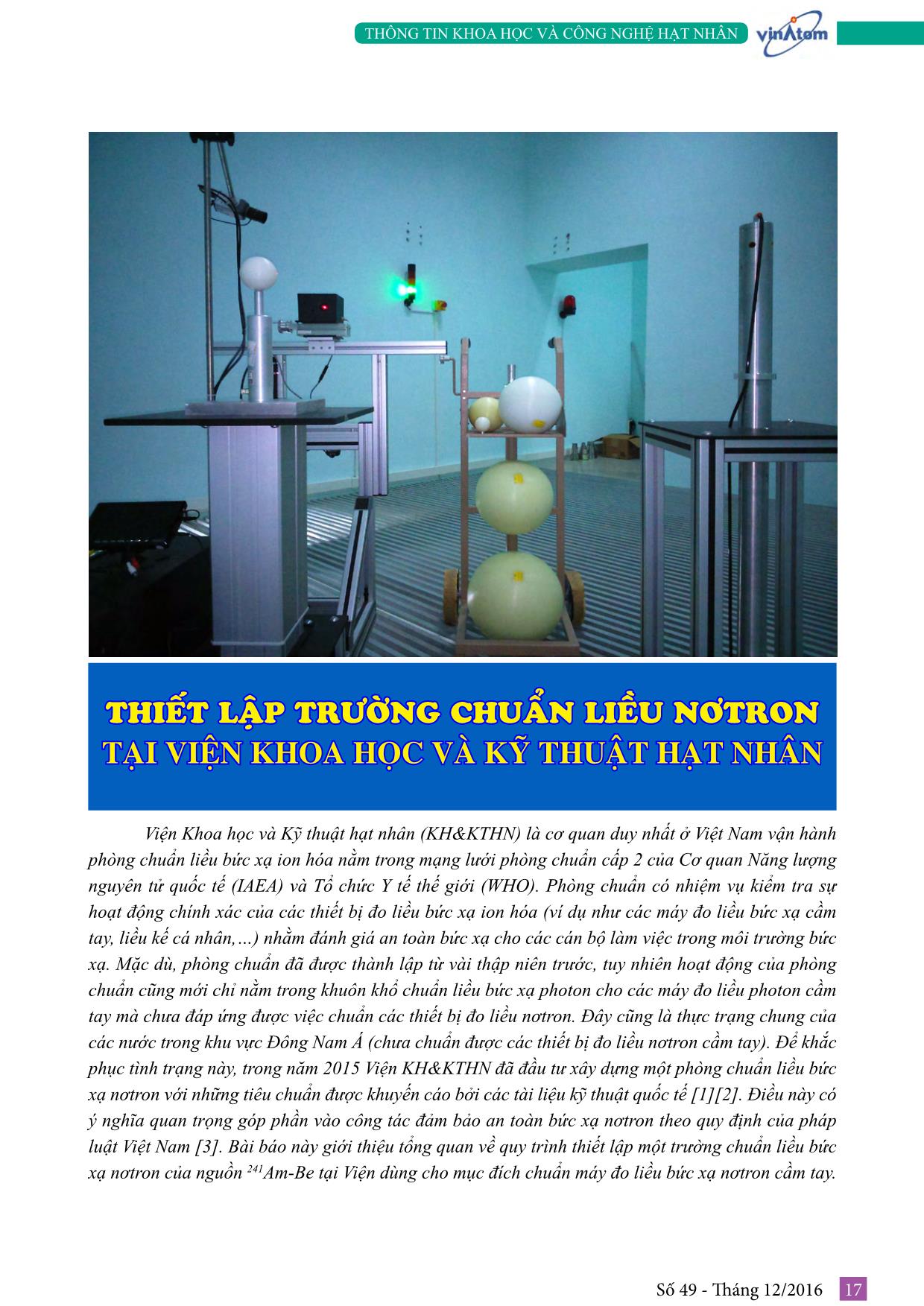 Thiết lập trường chuẩn liều nơtron tại Viện Khoa học và Kỹ thuật hạt nhân trang 1
