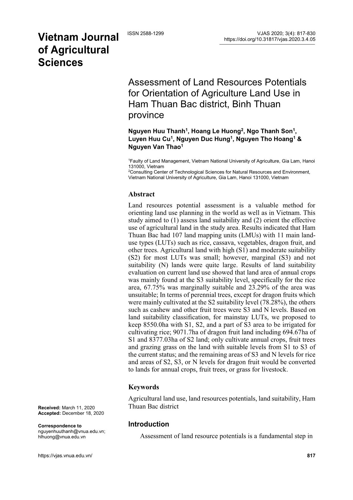 Assessment of Land Resources Potentials for Orientation of Agriculture Land Use in Ham Thuan Bac district, Binh Thuan province trang 1