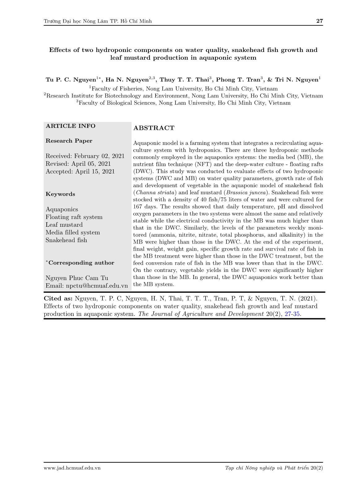 Effects of two hydroponic components on water quality, snakehead fish growth and leaf mustard production in aquaponic system trang 1