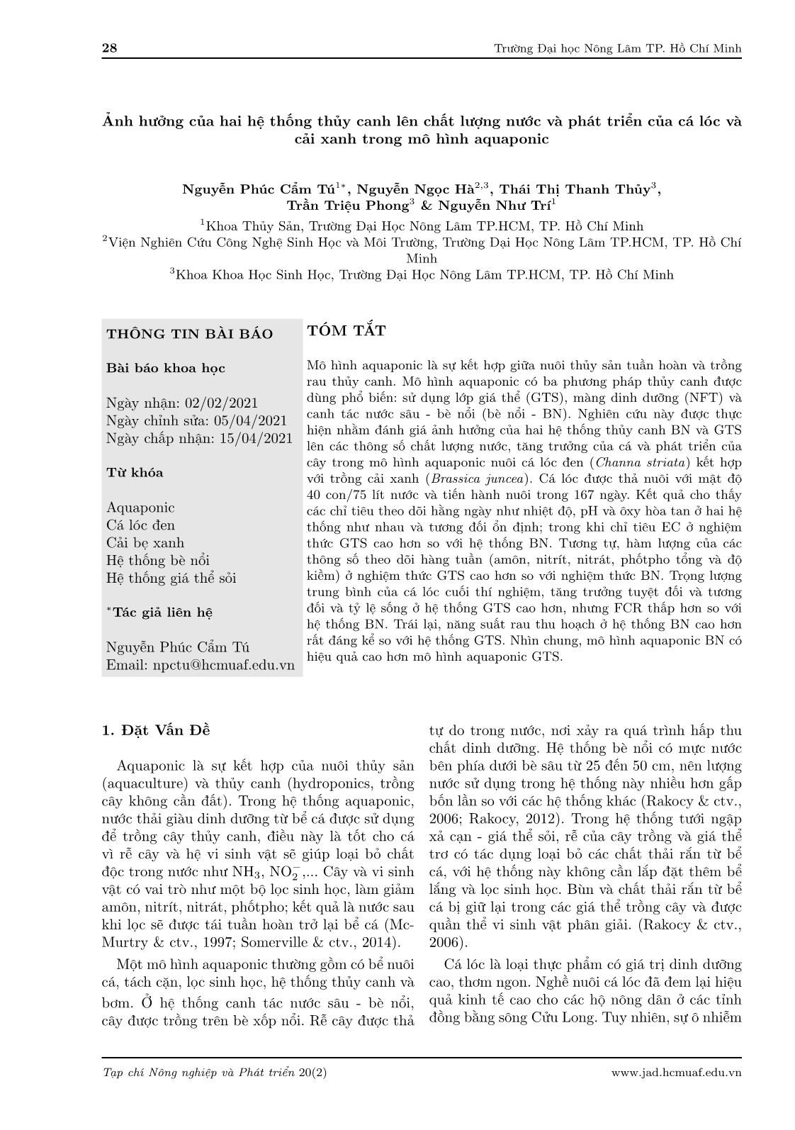 Effects of two hydroponic components on water quality, snakehead fish growth and leaf mustard production in aquaponic system trang 2