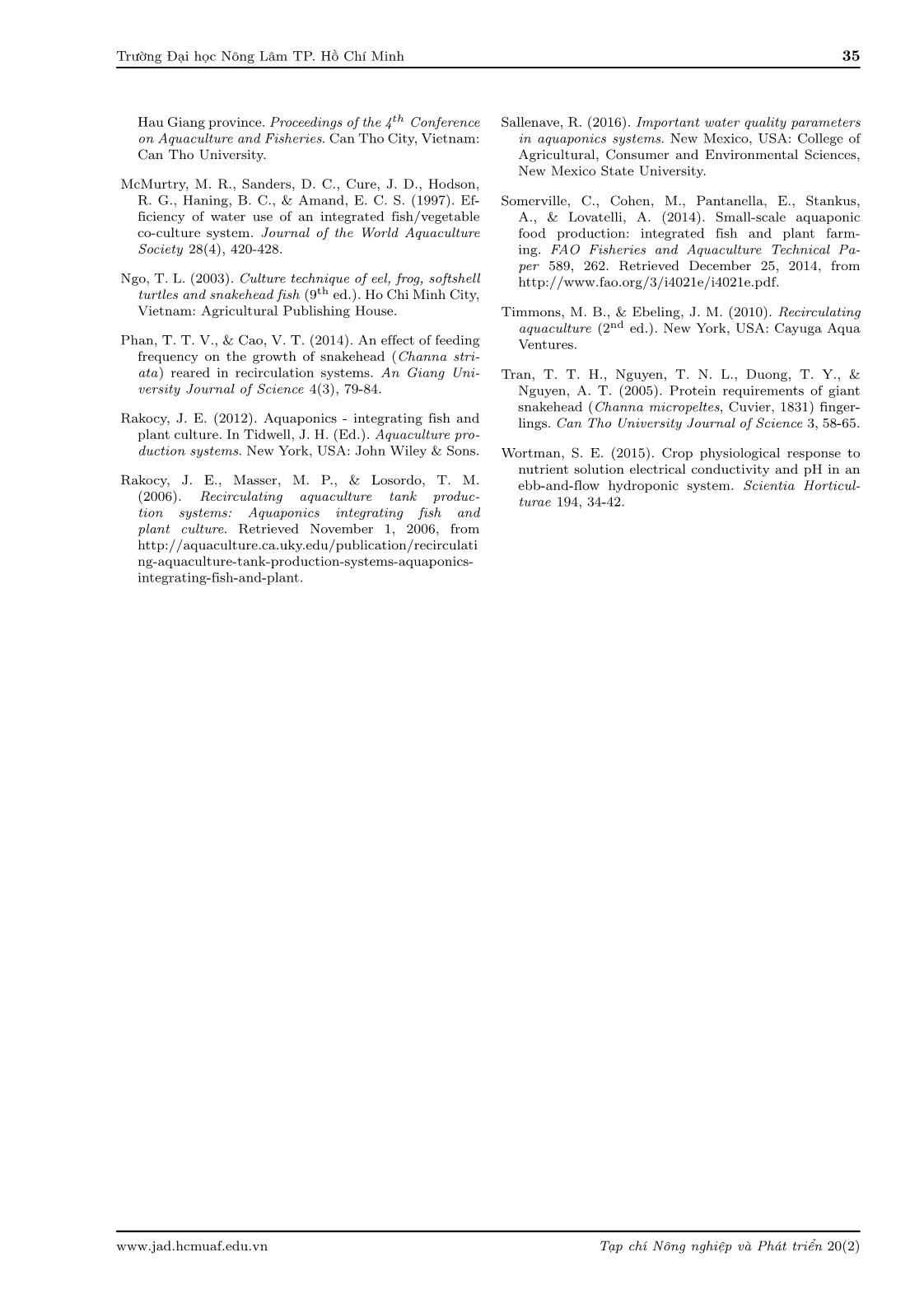 Effects of two hydroponic components on water quality, snakehead fish growth and leaf mustard production in aquaponic system trang 9