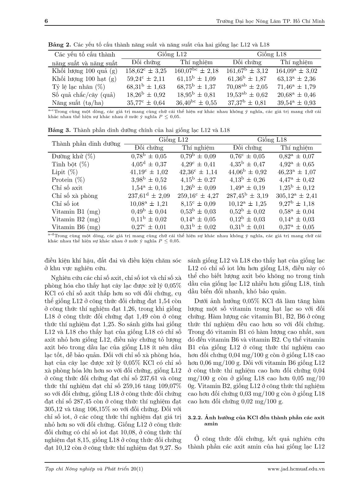 Ảnh hưởng của xử lý KCl trước khi gieo hạt đến năng suất và phẩm chất của hai giống lạc L12 và L18 trang 6