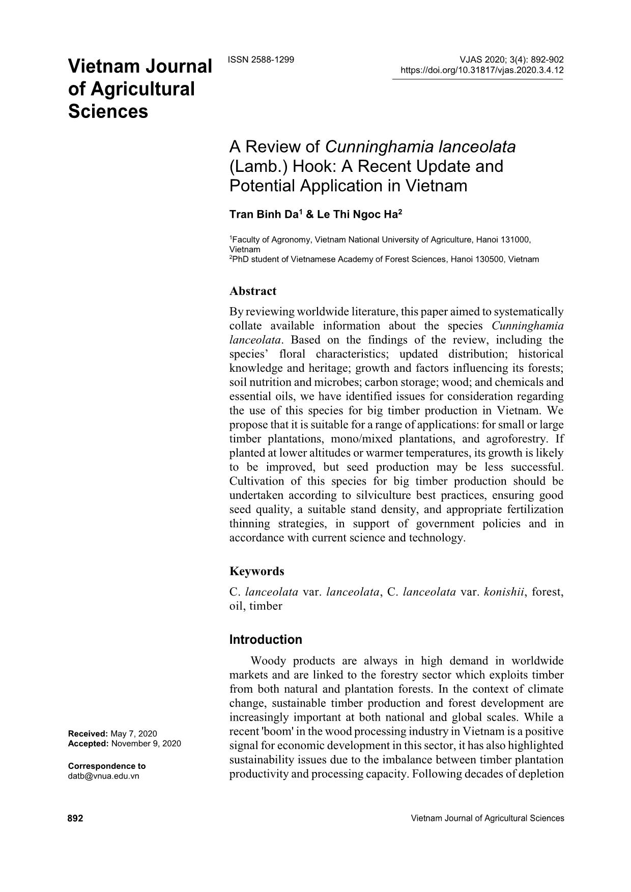 A review of cunninghamia lanceolata (Lamb.) Hook: A recent update and potential application in Vietnam trang 1