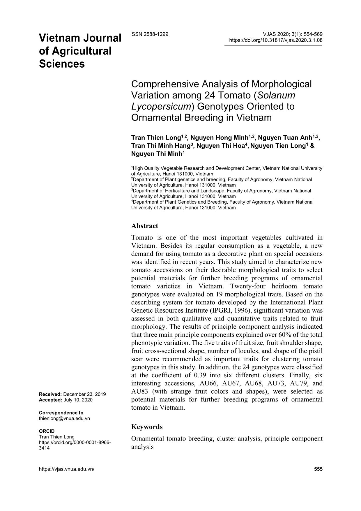 Comprehensive analysis of morphological variation among 24 tomato (Solanum lycopersicum) genotypes oriented to ornamental breeding in Vietnam trang 1