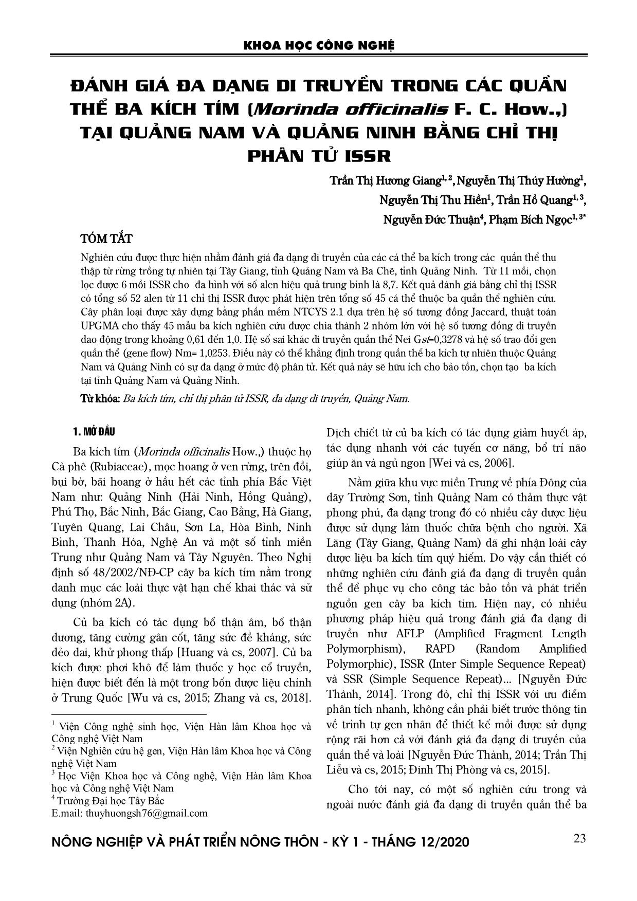 Đánh giá đa dạng di truyền trong các quần thể ba kích tím (Morinda officinalis F. C. How.,) tại Quảng Nam và Quảng Ninh bằng chỉ thị phân tử ISSR trang 1