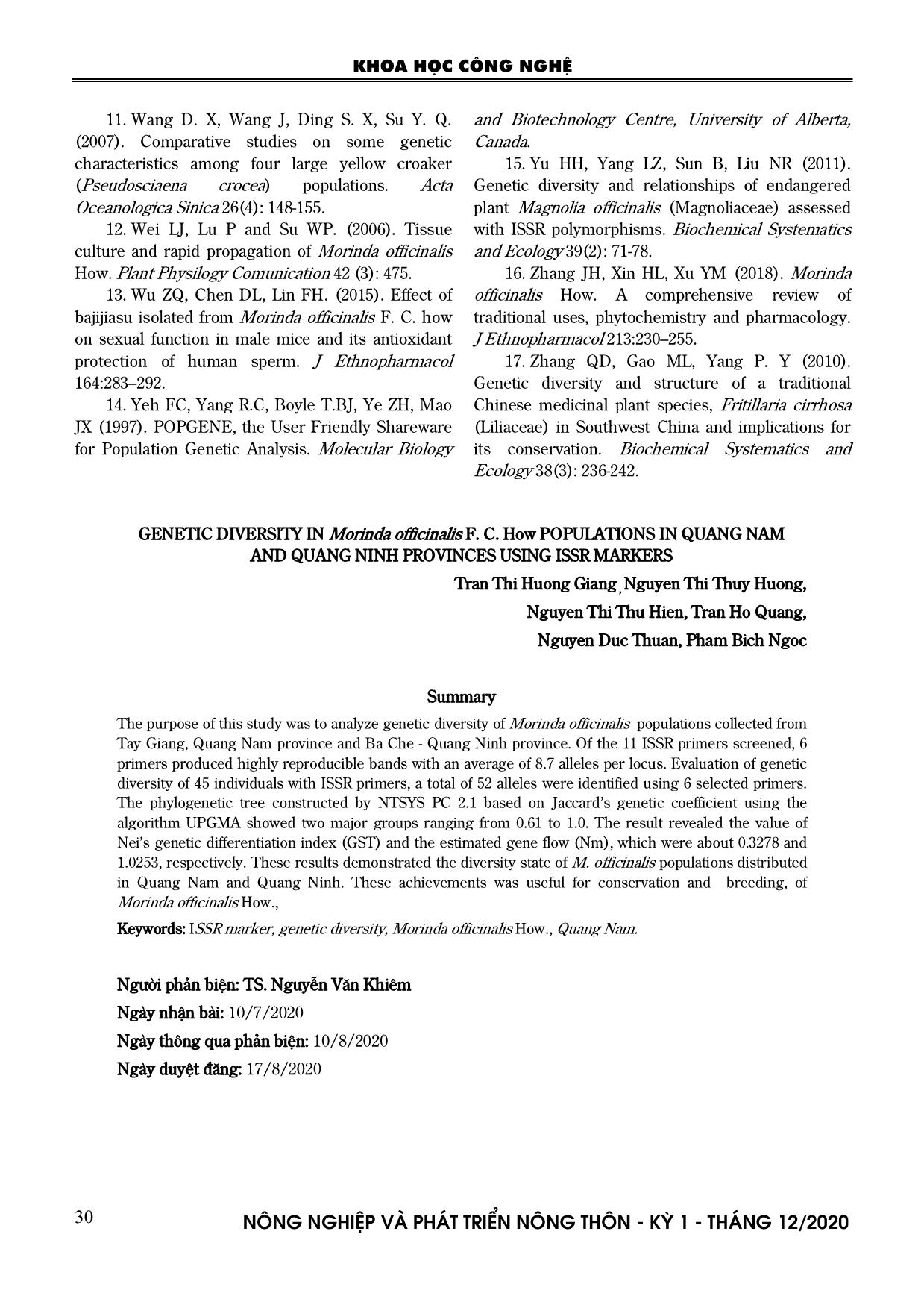 Đánh giá đa dạng di truyền trong các quần thể ba kích tím (Morinda officinalis F. C. How.,) tại Quảng Nam và Quảng Ninh bằng chỉ thị phân tử ISSR trang 8