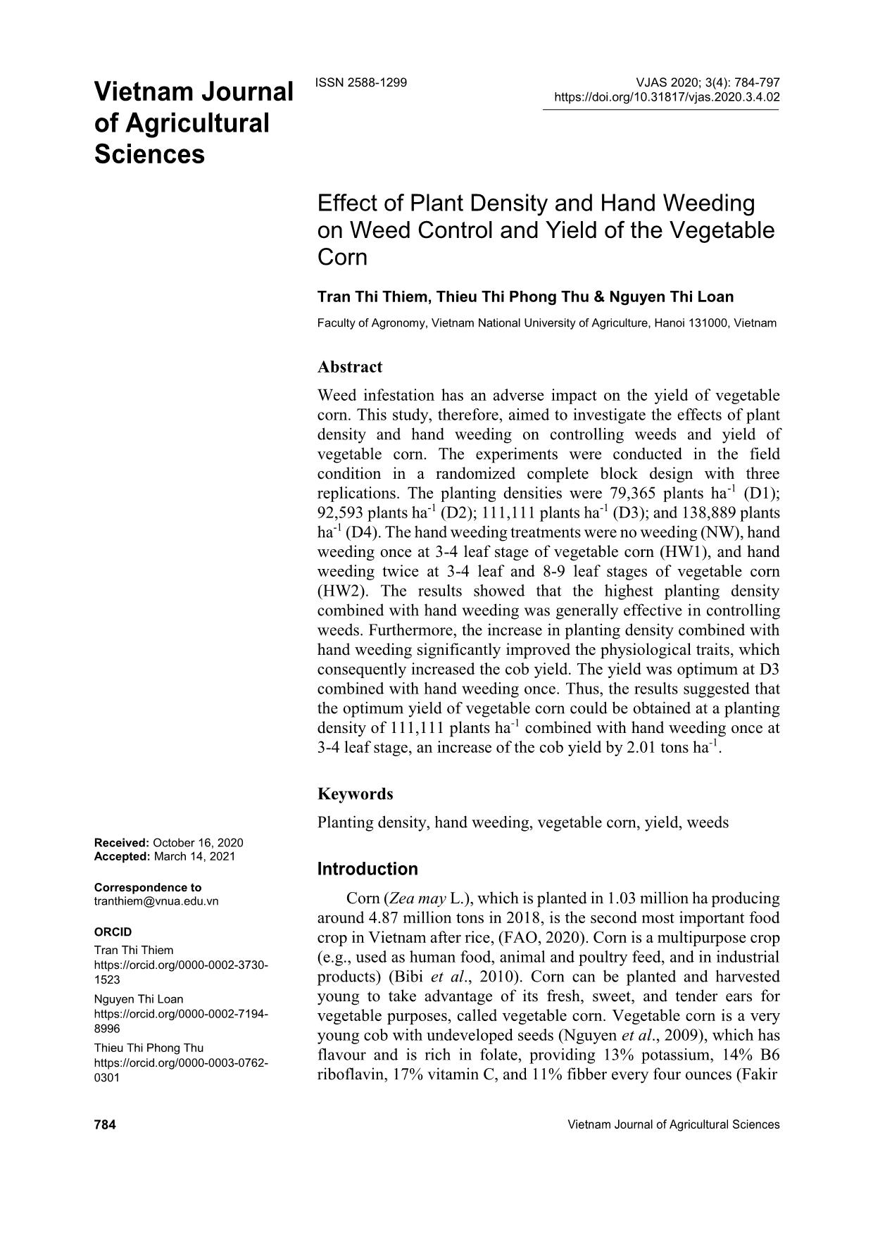 Effect of plant density and hand weeding on weed control and yield of the vegetable corn trang 1