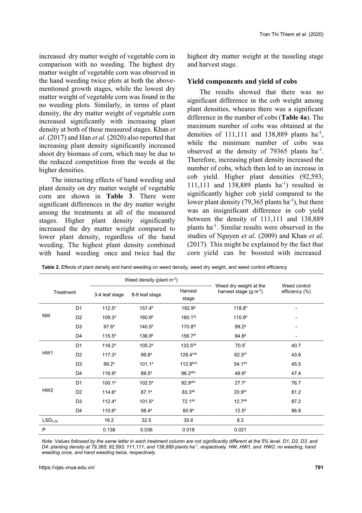 Effect of plant density and hand weeding on weed control and yield of the vegetable corn trang 8