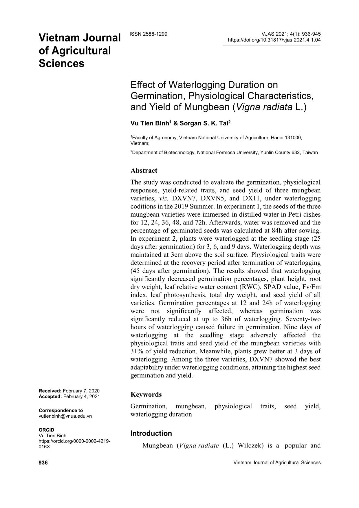 Effect of waterlogging duration on germination, physiological characteristics, and yield of mungbean (Vigna radiata L.) trang 1