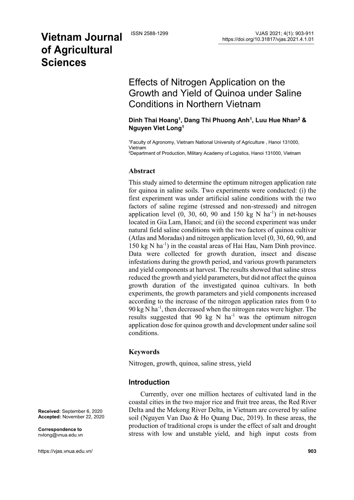 Effects of nitrogen application on the growth and yield of quinoa under saline conditions in Northern Vietnam trang 1