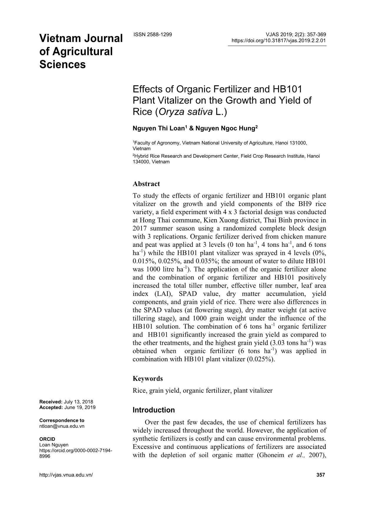Effects of organic fertilizer and HB101 plant vitalizer on the growth and yield of rice (Oryza sativa L.) trang 1