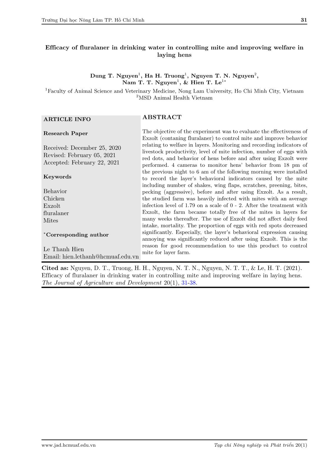 Efficacy of fluralaner in drinking water in controlling mite and improving welfare in laying hens trang 1