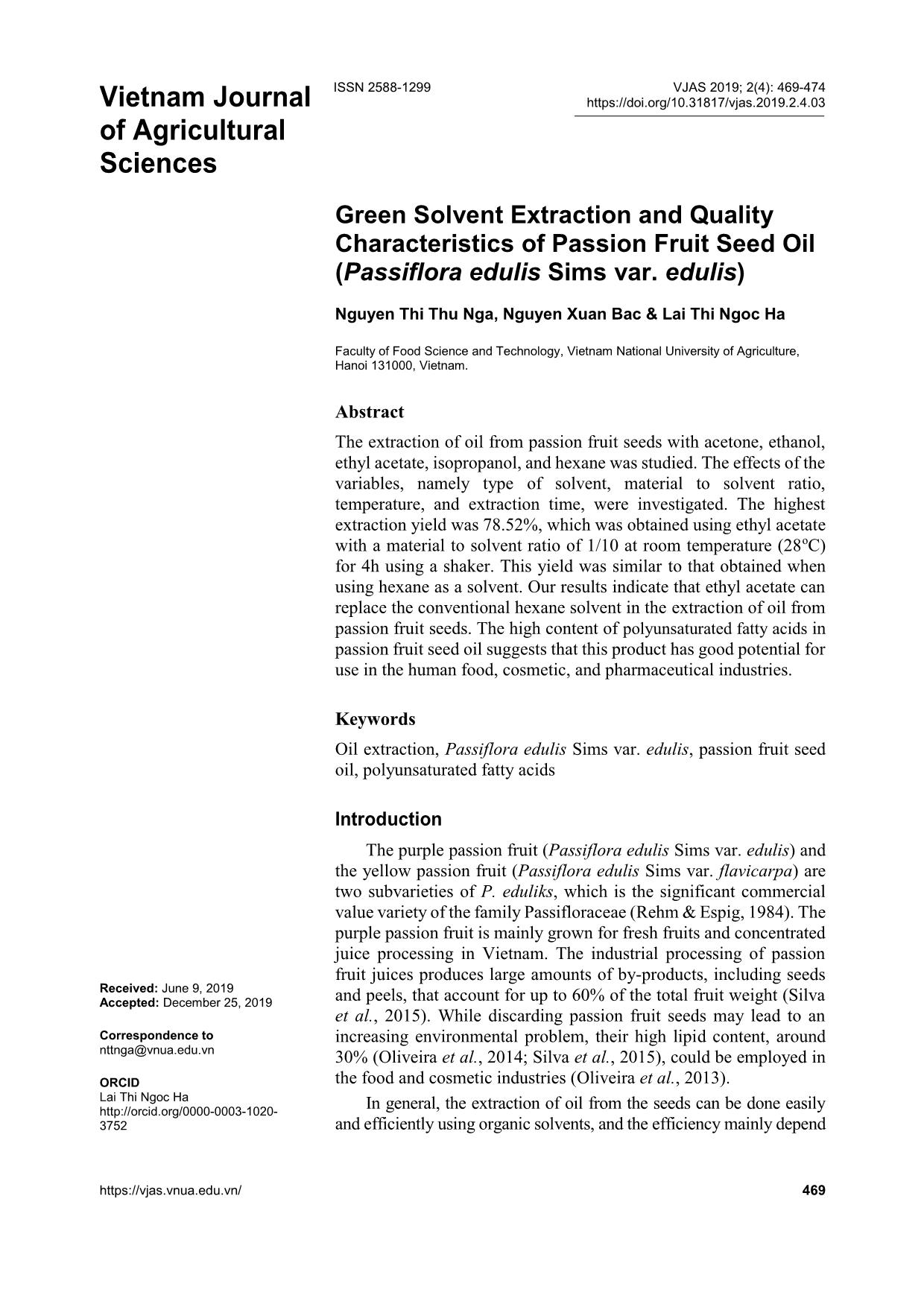 Green solvent extraction and quality characteristics of passion fruit seed oil (Passiflora edulis Sims var. edulis) trang 1