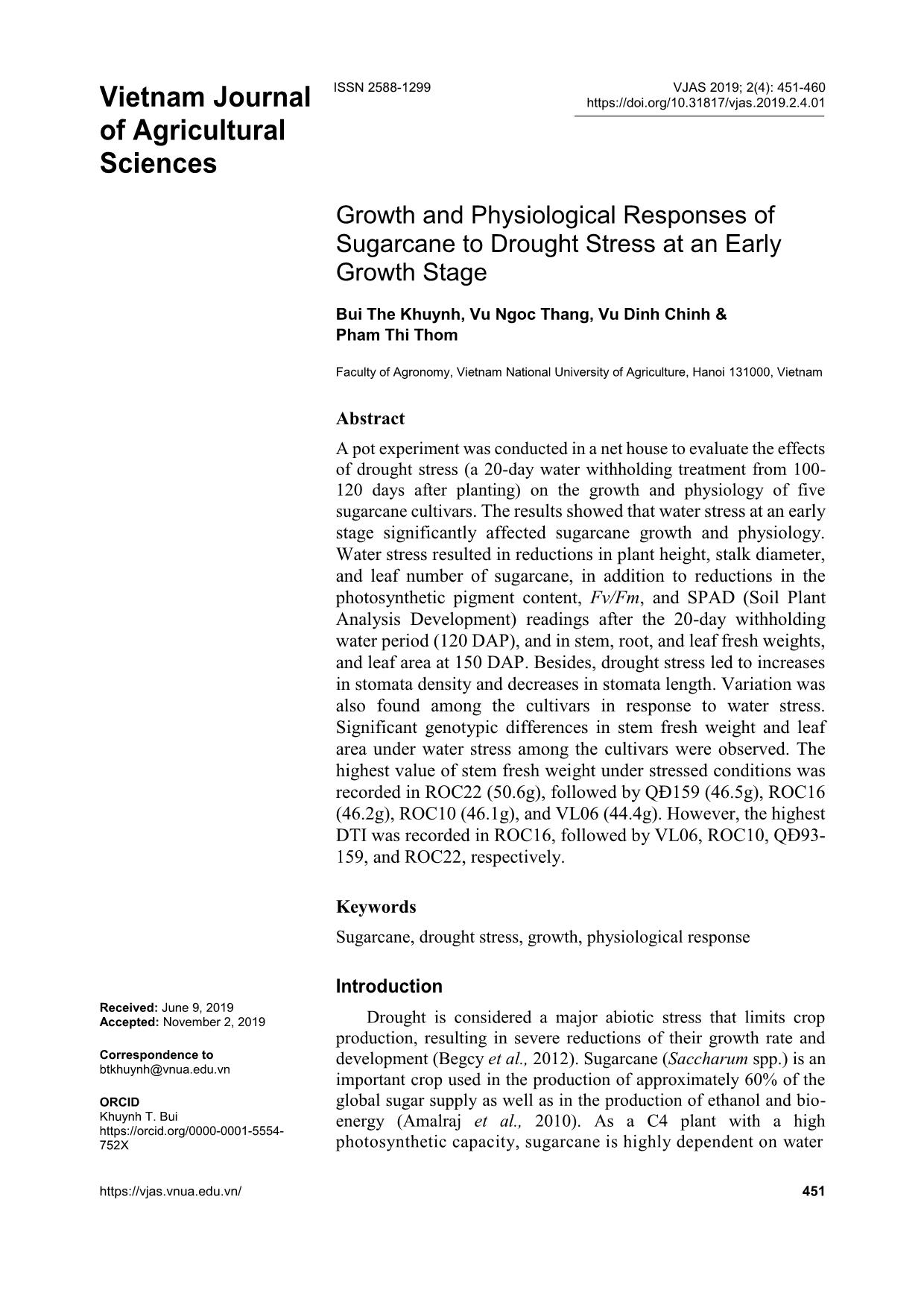 Growth and physiological responses of sugarcane to drought stress at an early growth stage trang 1