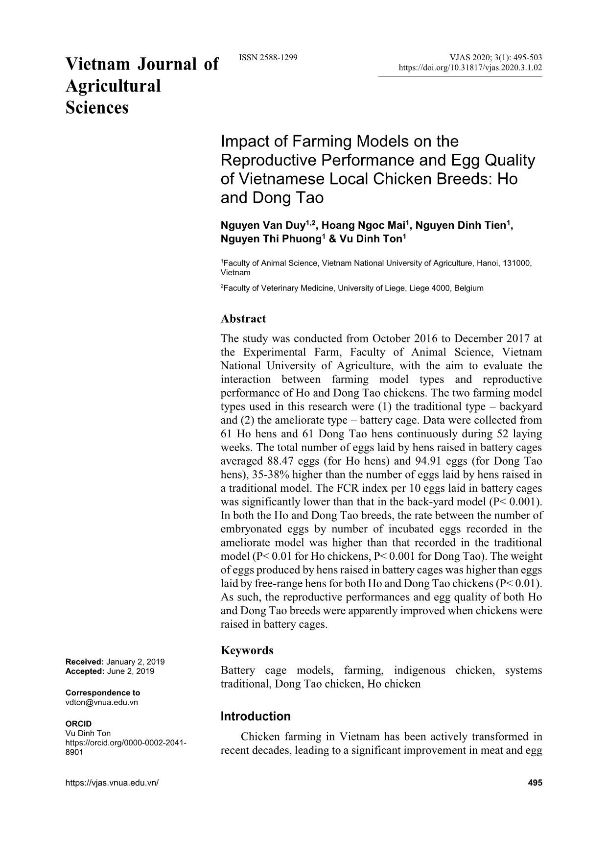 Impact of farming models on the reproductive performance and egg quality of Vietnamese local chicken breeds: Ho and Dong Tao trang 1