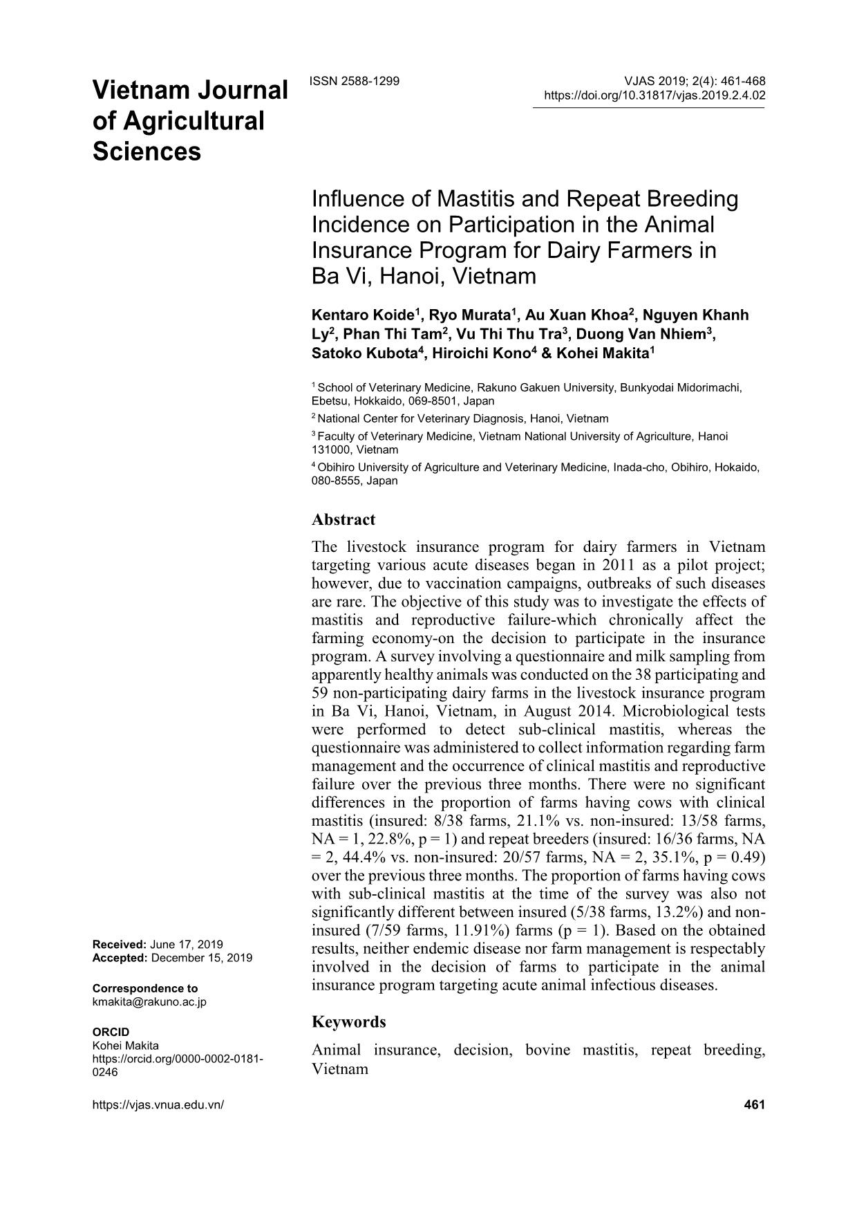 Influence of mastitis and repeat breeding incidence on participation in the animal insurance program for dairy farmers in Ba Vi, Hanoi, Vietnam trang 1