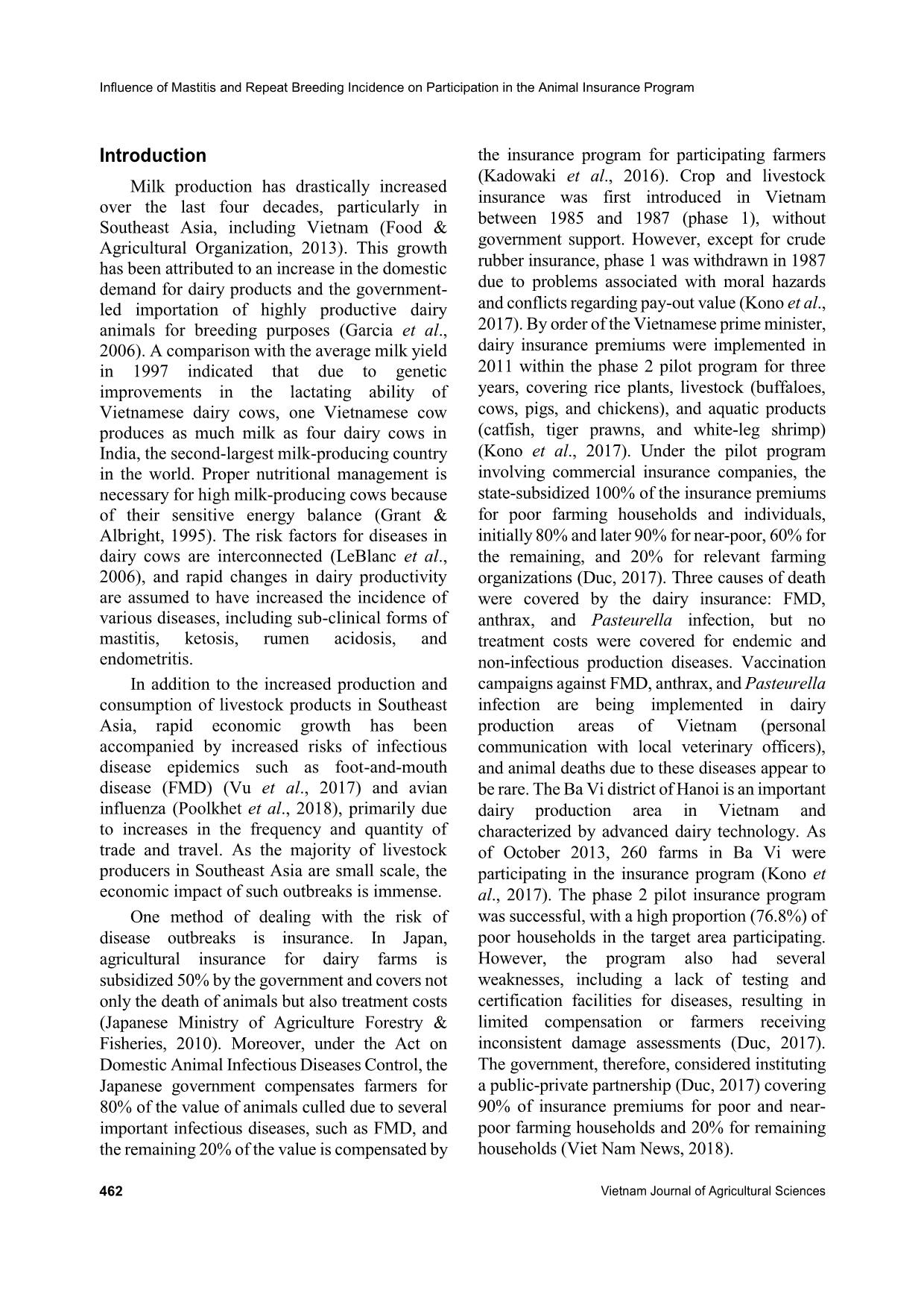 Influence of mastitis and repeat breeding incidence on participation in the animal insurance program for dairy farmers in Ba Vi, Hanoi, Vietnam trang 2