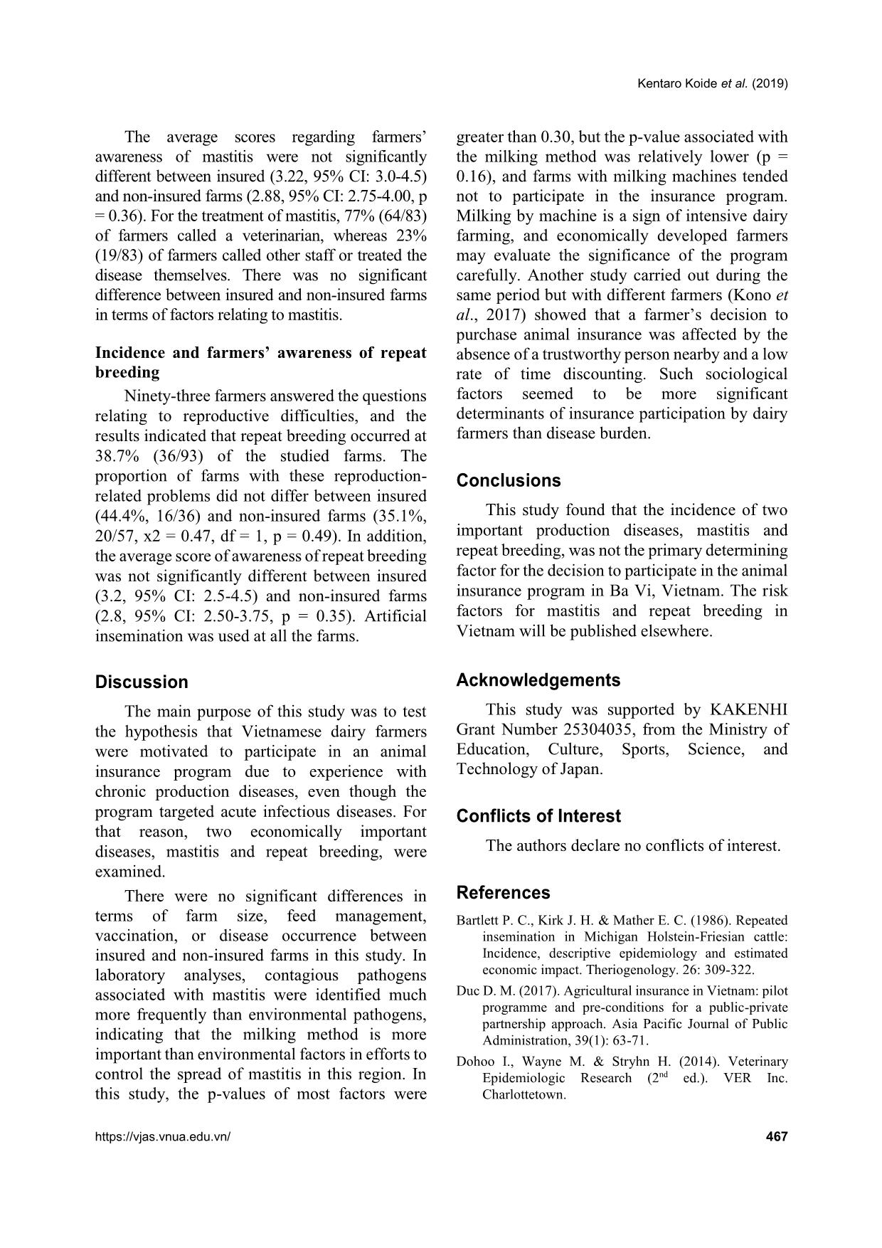 Influence of mastitis and repeat breeding incidence on participation in the animal insurance program for dairy farmers in Ba Vi, Hanoi, Vietnam trang 7