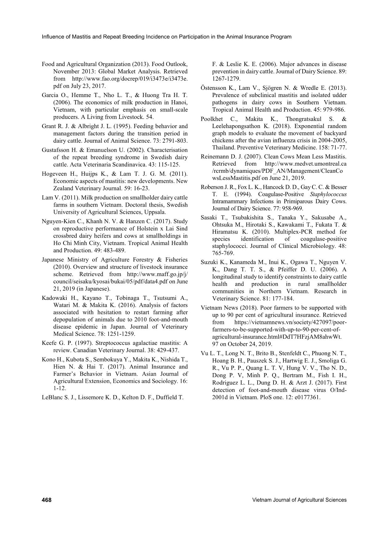 Influence of mastitis and repeat breeding incidence on participation in the animal insurance program for dairy farmers in Ba Vi, Hanoi, Vietnam trang 8