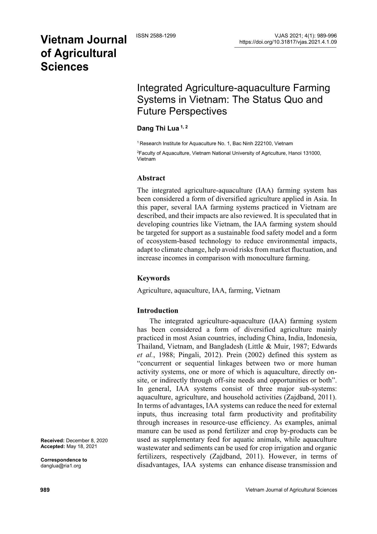 Integrated agriculture-aquaculture farming systems in Vietnam: The status quo and future perspectives trang 1