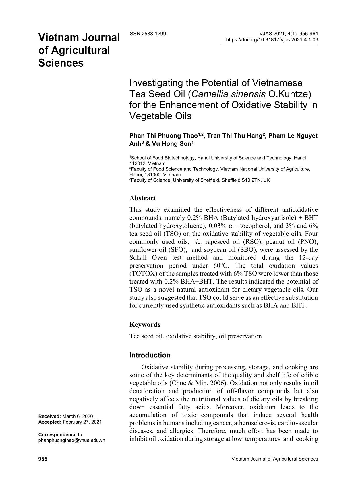 Investigating the potential of Vietnamese tea seed oil (Camellia sinensis O.Kuntze) for the enhancement of oxidative stability in vegetable oils trang 1