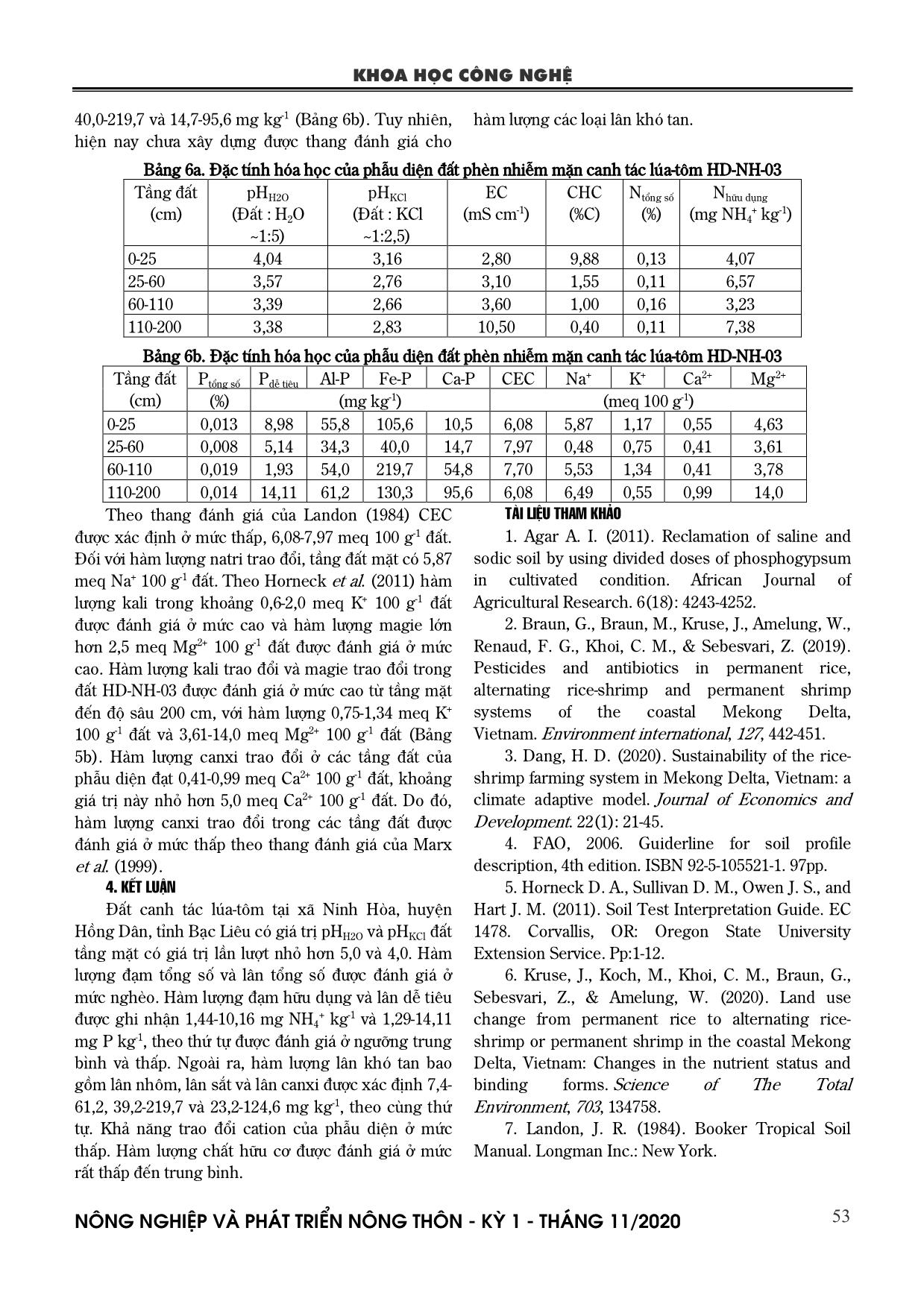 Khảo sát đặc điểm hình thái và hóa học phẫu diện đất nhiễm mặn của hệ thống canh tác lúa-tôm tại xã Ninh Hòa, huyện Hồng Dân, tỉnh Bạc Liêu trang 6