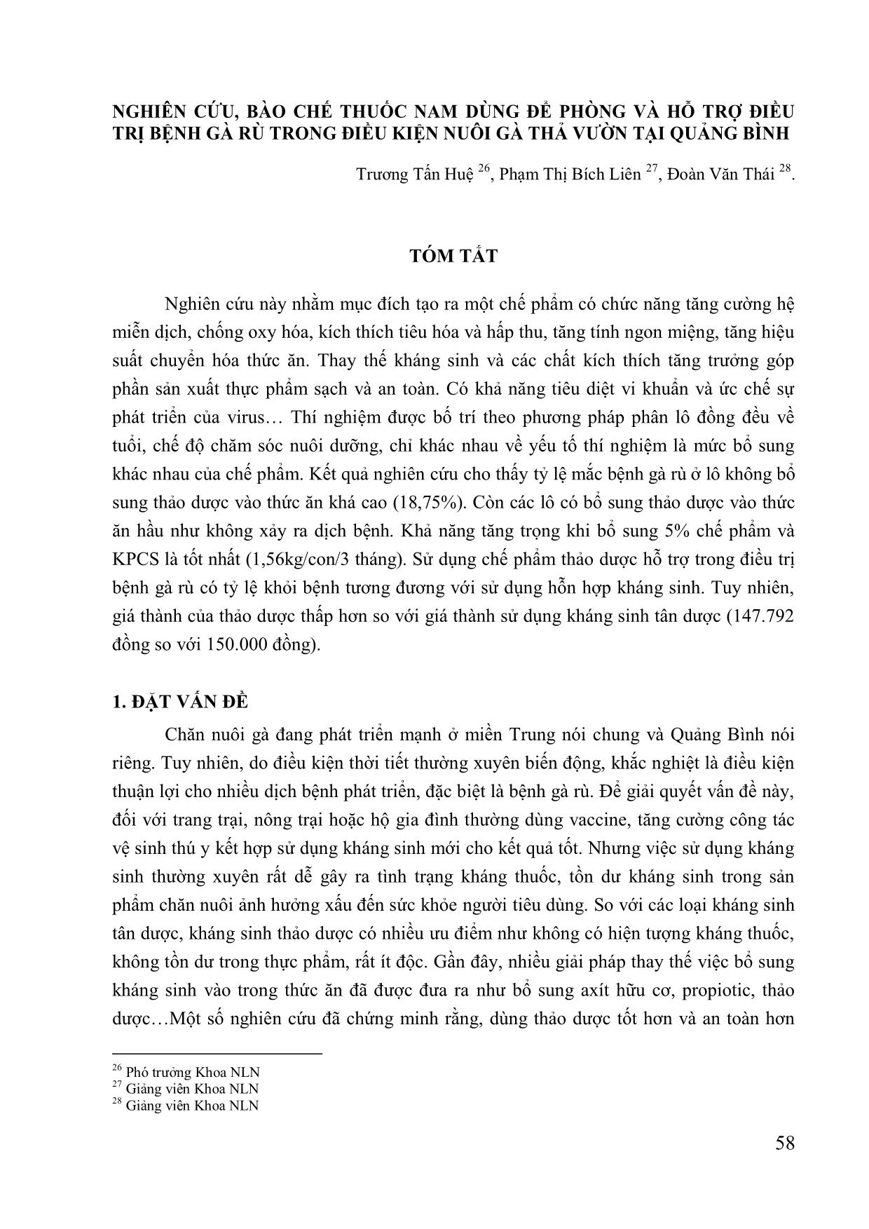 Nghiên cứu, bào chế thuốc Nam dùng để phòng và hỗ trợ điều trị bệnh gà rù trong điều kiện nuôi gà thả vườn tại Quảng Bình trang 1