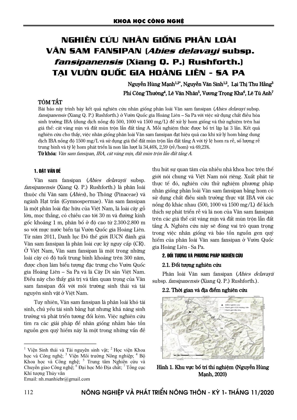 Nghiên cứu nhân giống phân loài Vân sam Fansipan (Abies delavayi subsp. fansipanensis (Xiang Q. P.) Rushforth.) tại Vườn quốc gia Hoàng Liên - Sa Pa trang 1