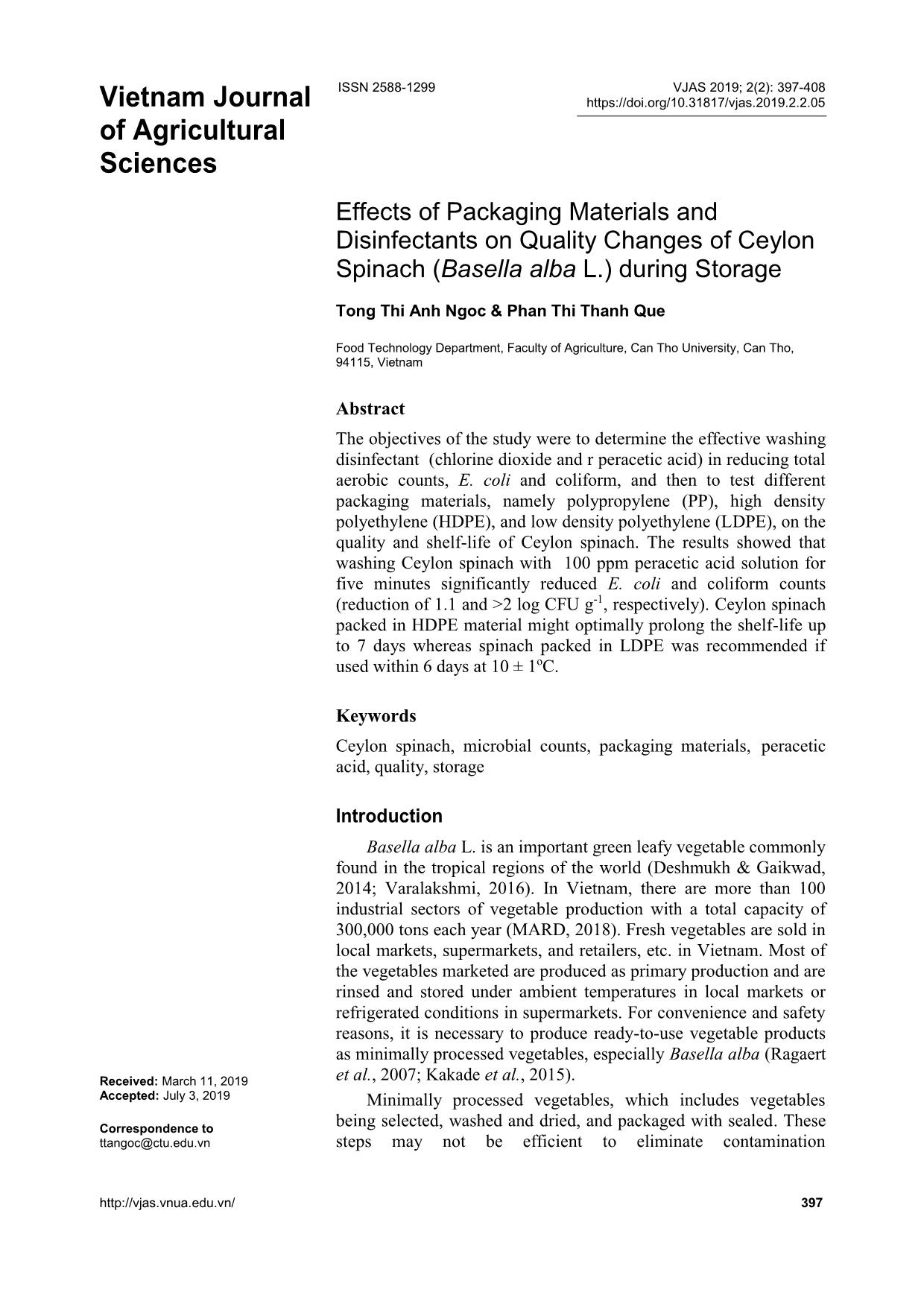 Effects of packaging materials and disinfectants on quality changes of ceylon spinach (Basella alba L.) during storage trang 1