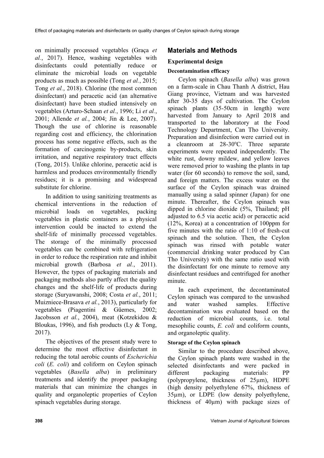 Effects of packaging materials and disinfectants on quality changes of ceylon spinach (Basella alba L.) during storage trang 2