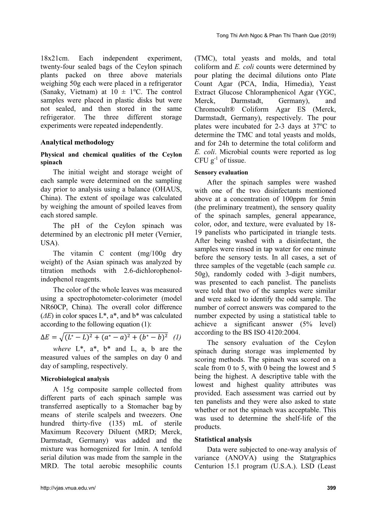 Effects of packaging materials and disinfectants on quality changes of ceylon spinach (Basella alba L.) during storage trang 3