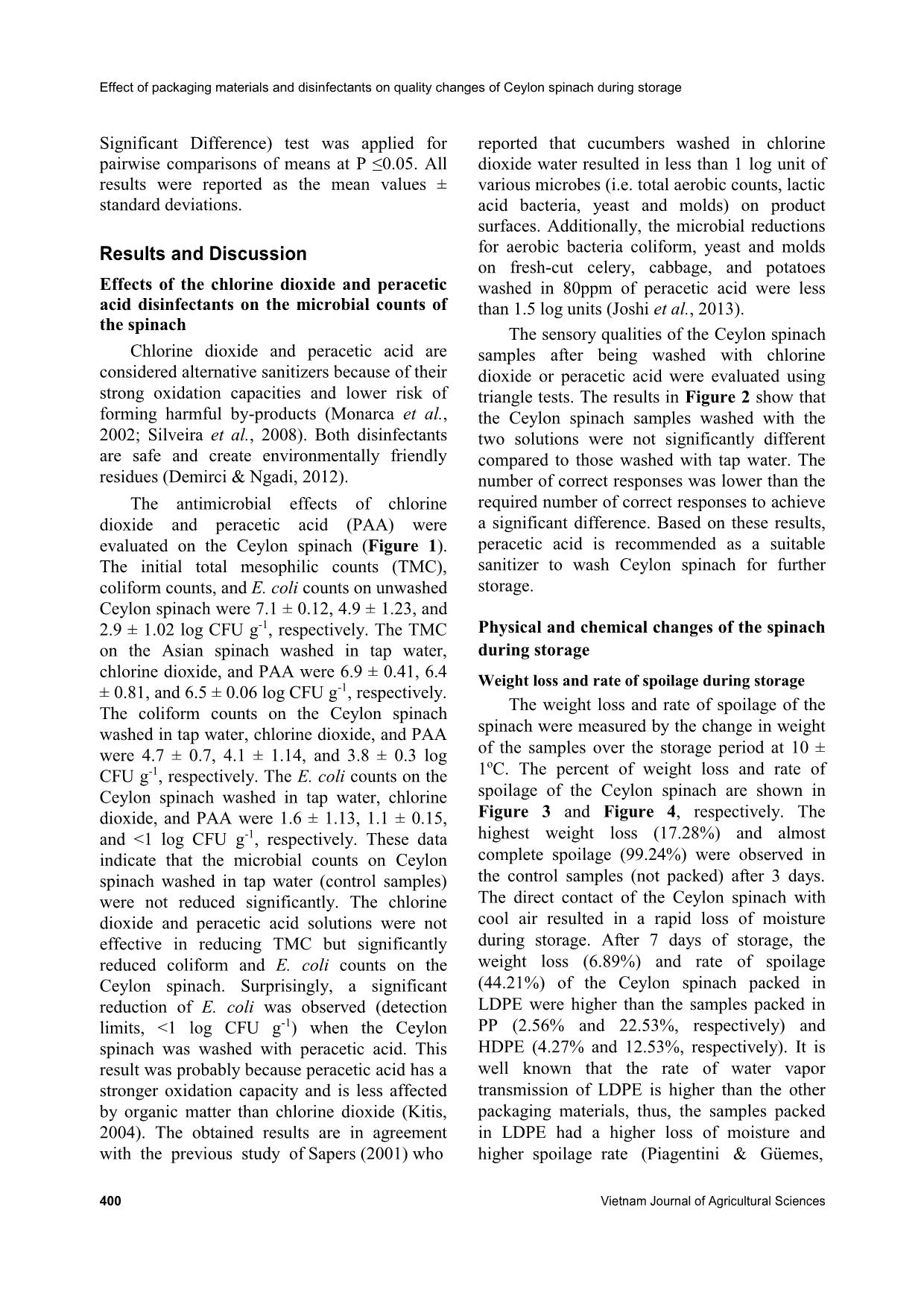 Effects of packaging materials and disinfectants on quality changes of ceylon spinach (Basella alba L.) during storage trang 4