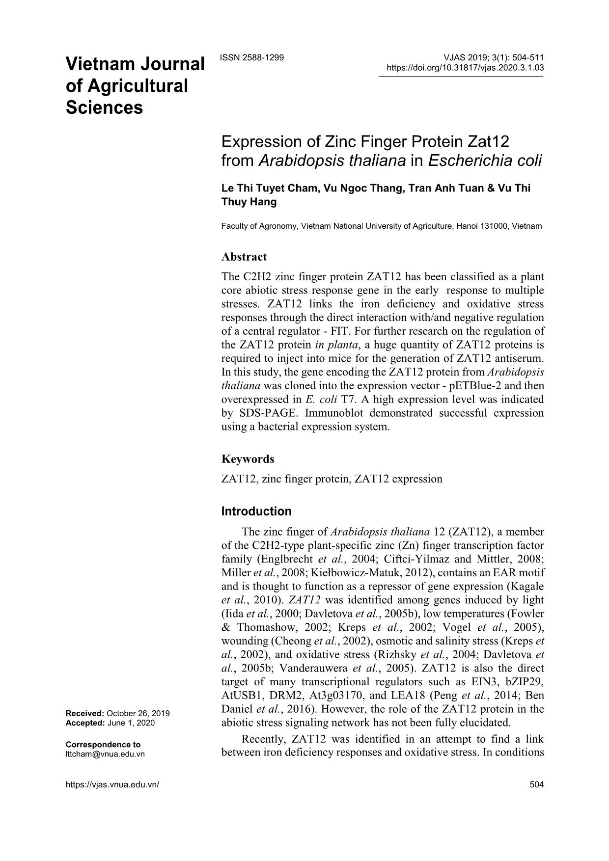 Expression of Zinc Finger Protein Zat12 from Arabidopsis thaliana in Escherichia coli trang 1