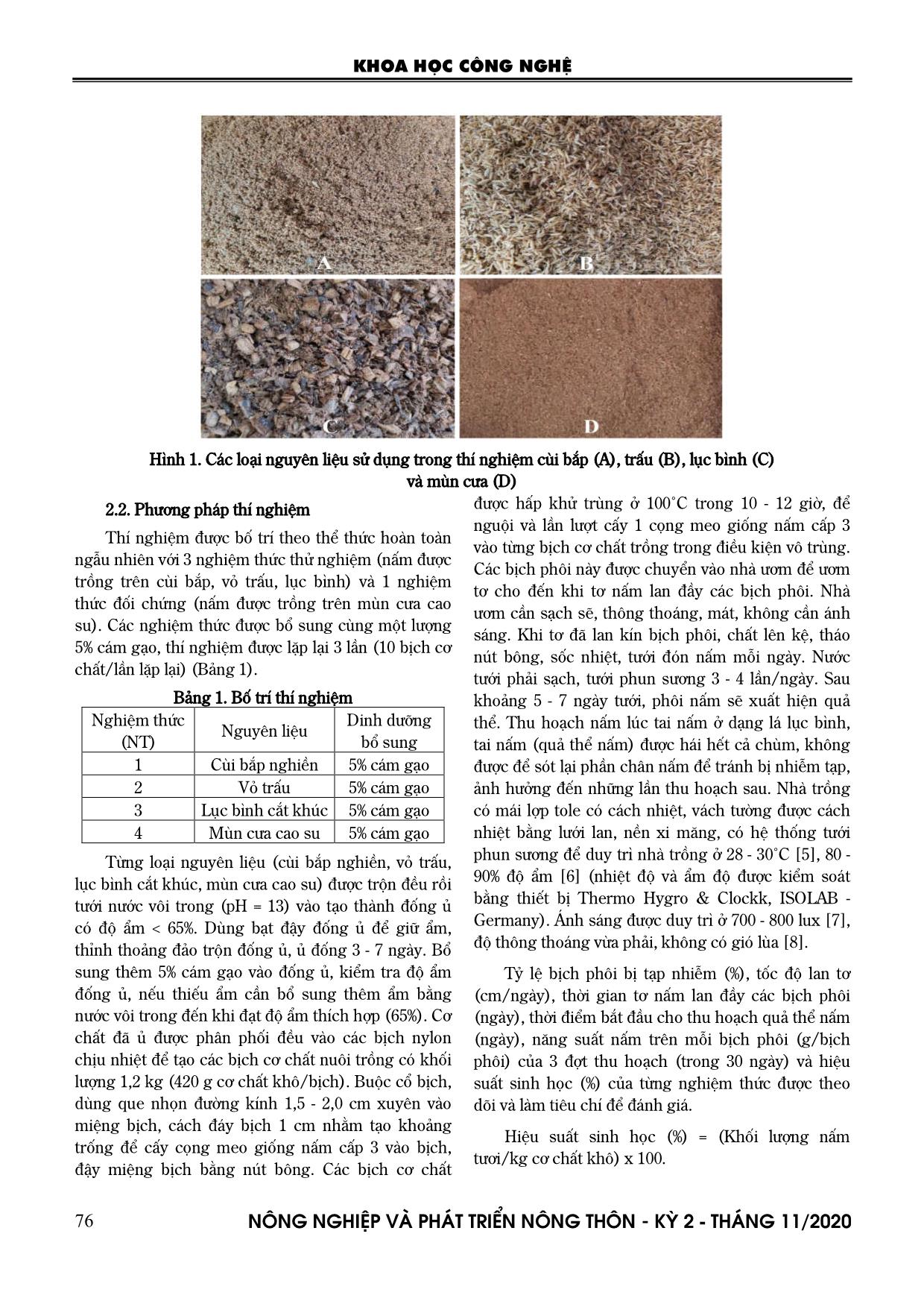 Nghiên cứu thử nghiệm trồng nấm bào ngư xám (Pleurotus sajor-caju (Fr.) Sing.) trên phụ phế phẩm cùi bắp, vỏ trấu và lục bình trang 2