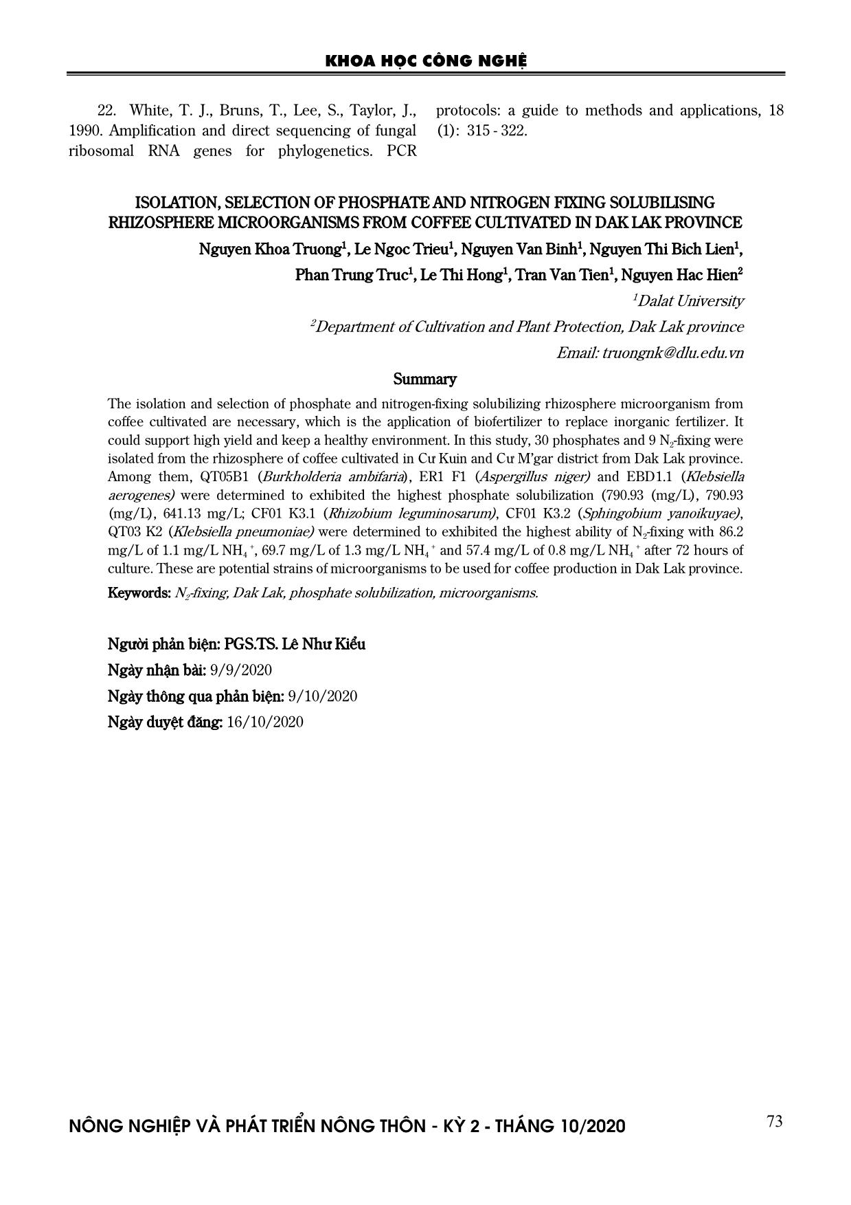Phân lập, tuyển chọn vi sinh vật vùng rễ có khả năng phân giải lân, cố định đạm từ đất trồng cà phê tại tỉnh Đắk Lắk trang 7