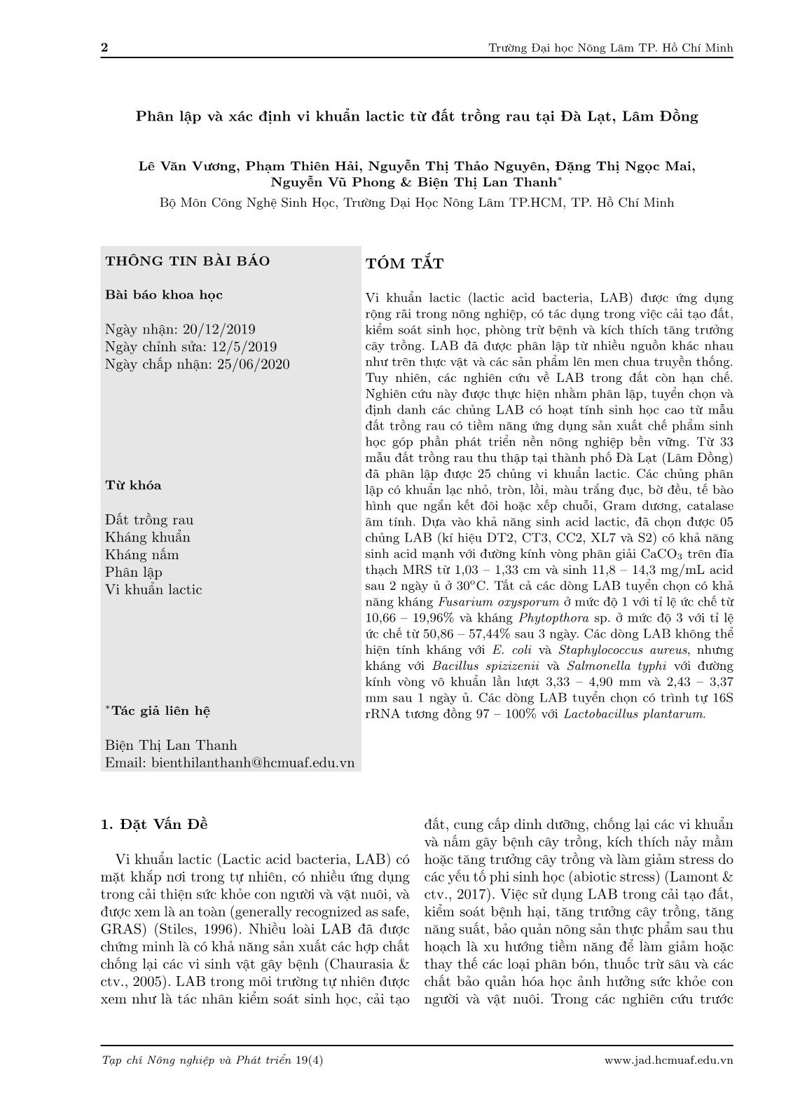 Phân lập và xác định vi khuẩn lactic từ đất trồng rau tại Đà Lạt, Lâm Đồng trang 2