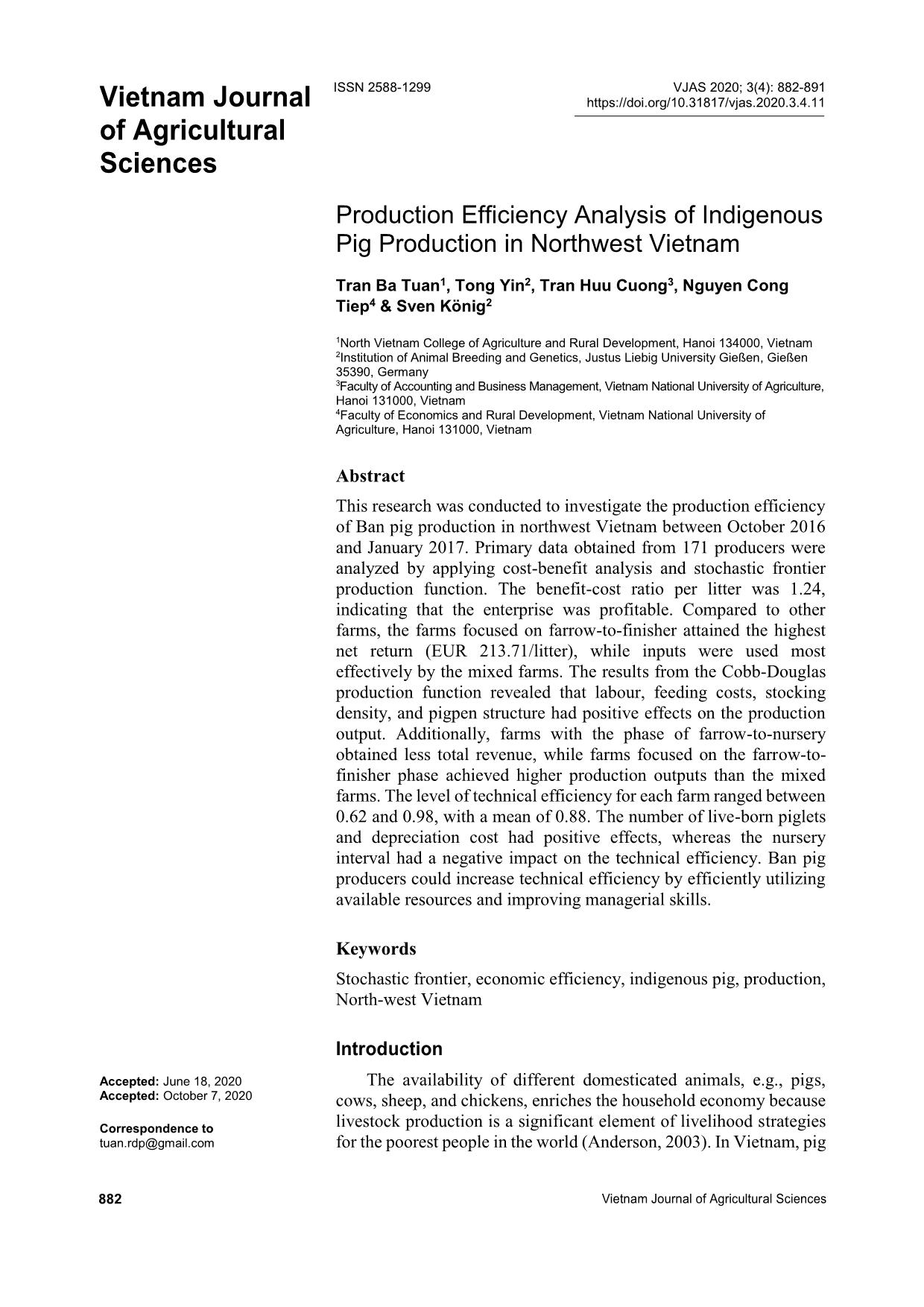 Production efficiency analysis of indigenous pig production in Northwest Vietnam trang 1