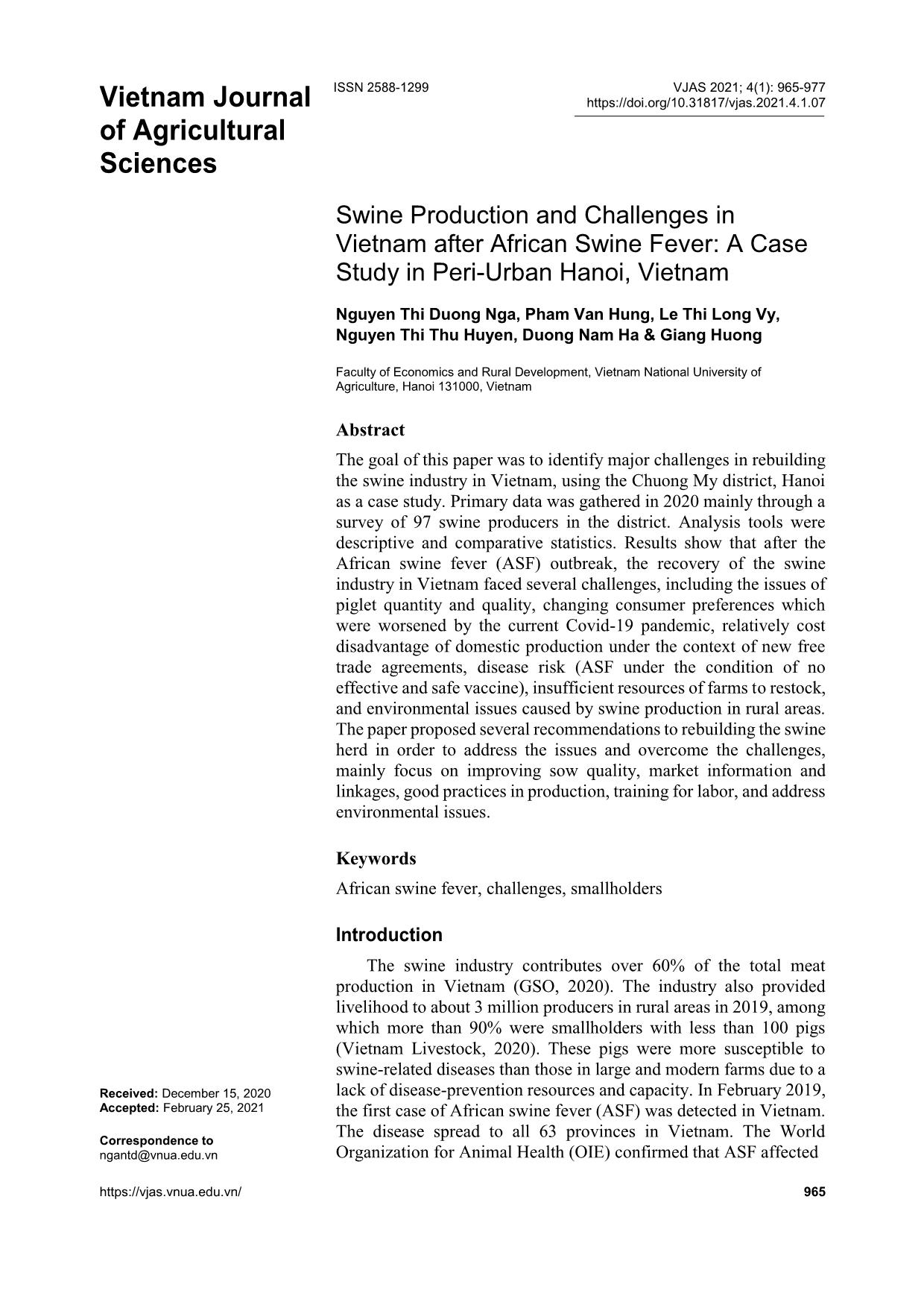 Swine production and challenges in Vietnam after african swine fever: A case study in Peri-Urban Hanoi, Vietnam trang 1