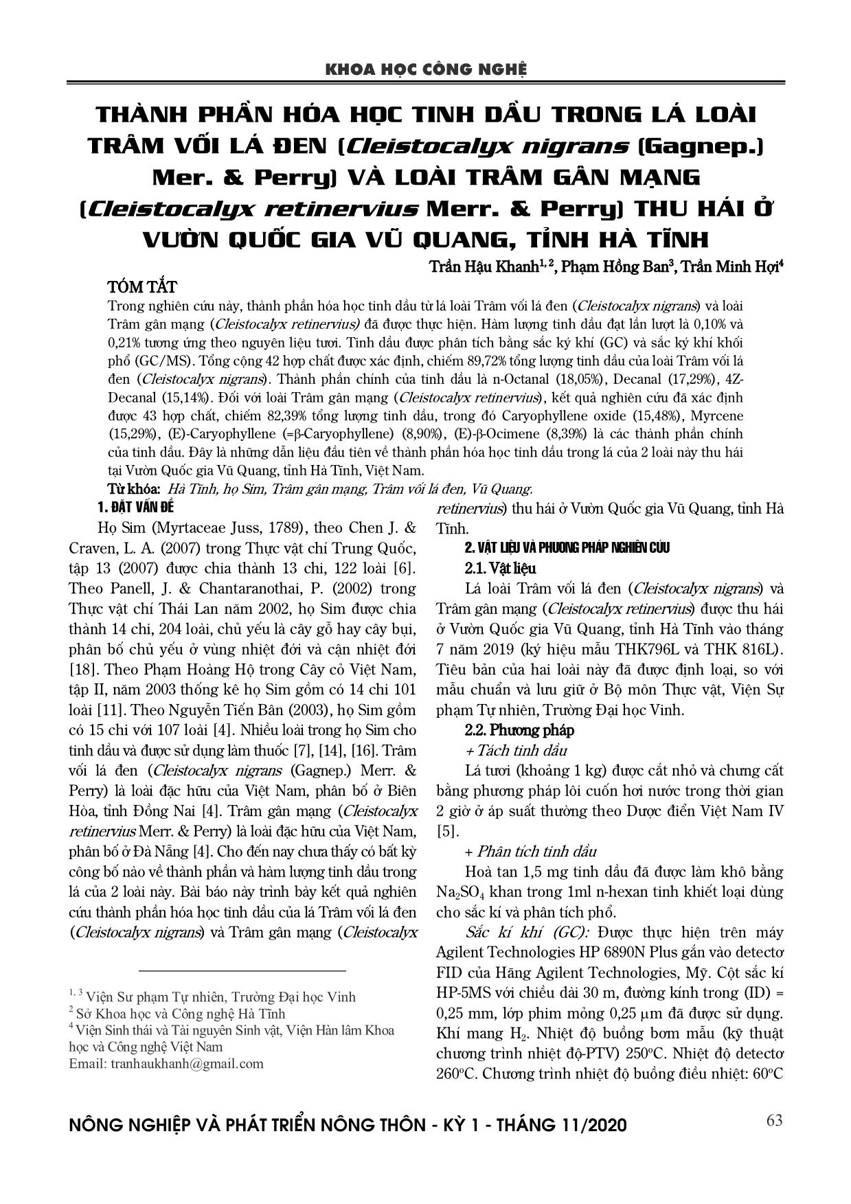 Thành phần hóa học tinh dầu trong lá loài trâm vối lá đen (Cleistocalyx nigrans (Gagnep.) Mer. & Perry) và loài trâm gân mạng (Cleistocalyx retinervius Merr. & Perry) thu hái ở Vườn Quốc gia Vũ Quang, tỉnh Hà Tĩnh trang 1