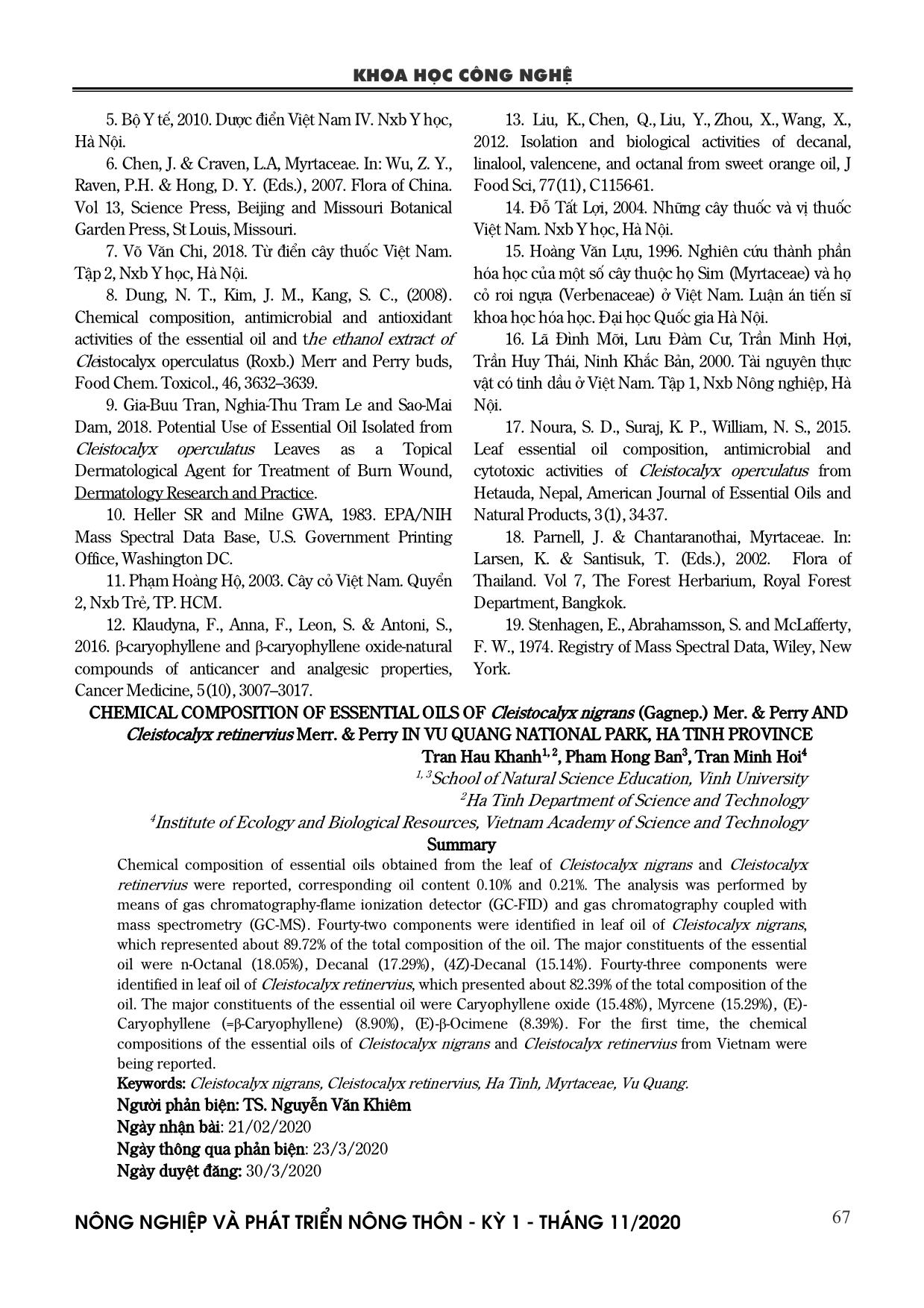 Thành phần hóa học tinh dầu trong lá loài trâm vối lá đen (Cleistocalyx nigrans (Gagnep.) Mer. & Perry) và loài trâm gân mạng (Cleistocalyx retinervius Merr. & Perry) thu hái ở Vườn Quốc gia Vũ Quang, tỉnh Hà Tĩnh trang 5