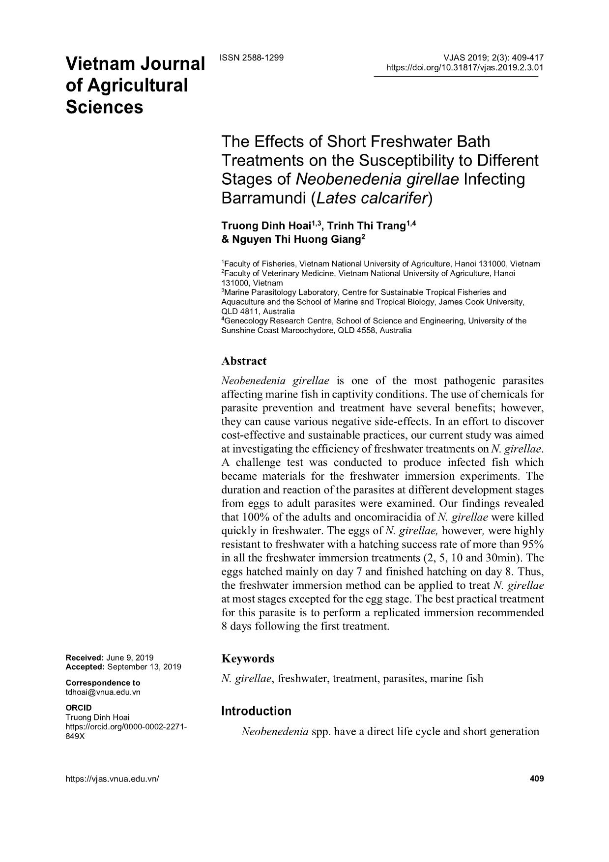 The effects of short freshwater bath treatments on the susceptibility to different stages of neobenedenia girellae infecting barramundi (Lates calcarifer) trang 1