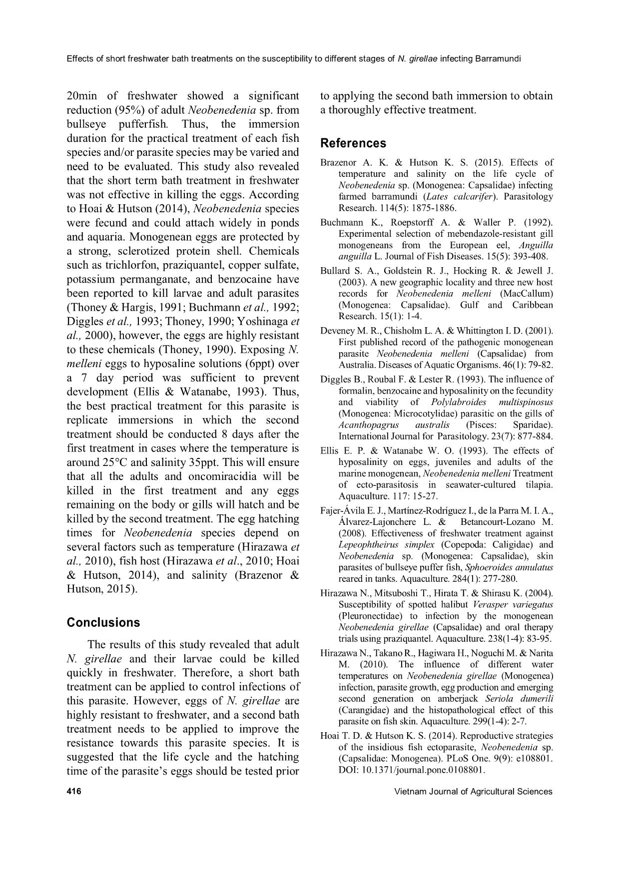 The effects of short freshwater bath treatments on the susceptibility to different stages of neobenedenia girellae infecting barramundi (Lates calcarifer) trang 8