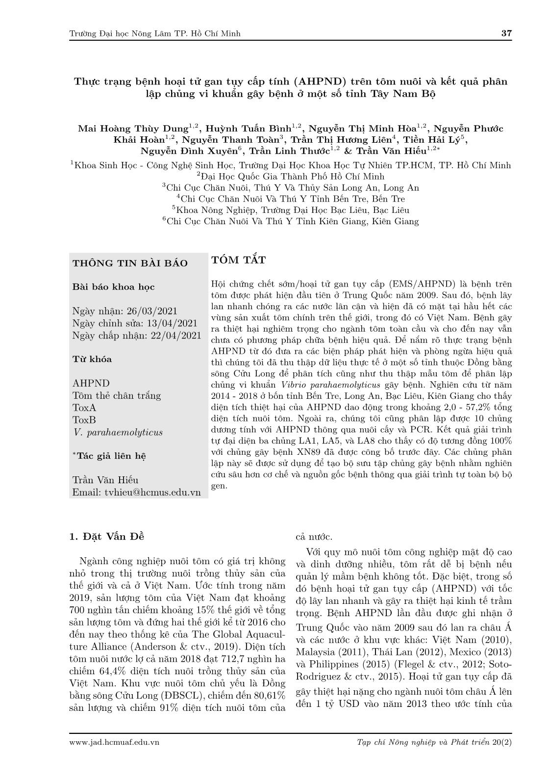 Thực trạng bệnh hoại tử gan tụy cấp tính (AHPND) trên tôm nuôi và kết quả phân lập chủng vi khuẩn gây bệnh ở một số tỉnh Tây Nam Bộ trang 2