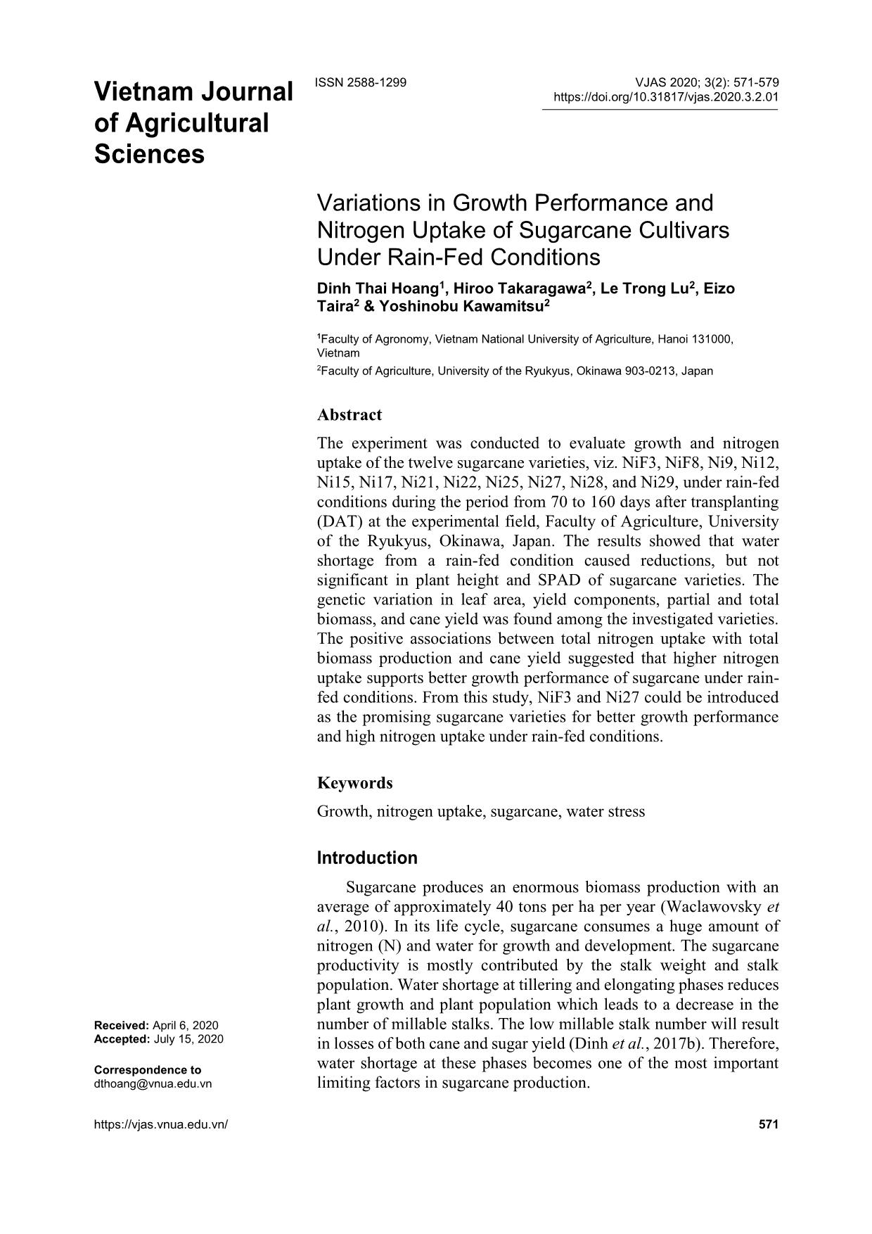 Variations in growth performance and nitrogen uptake of sugarcane cultivars under rain-fed conditions trang 1