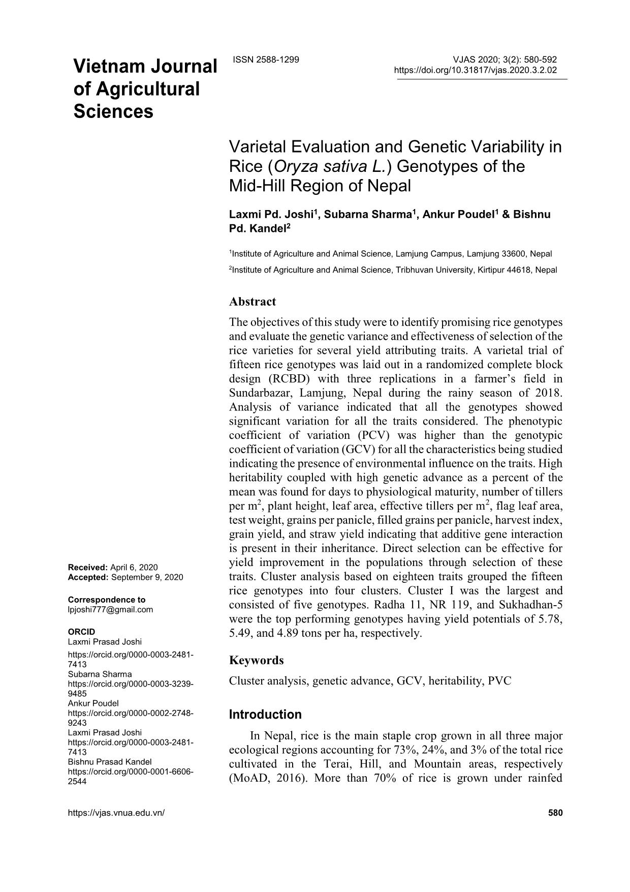 Varietal evaluation and genetic variability in rice (Oryza sativa L.) genotypes of the Mid-Hill region of Nepal trang 1
